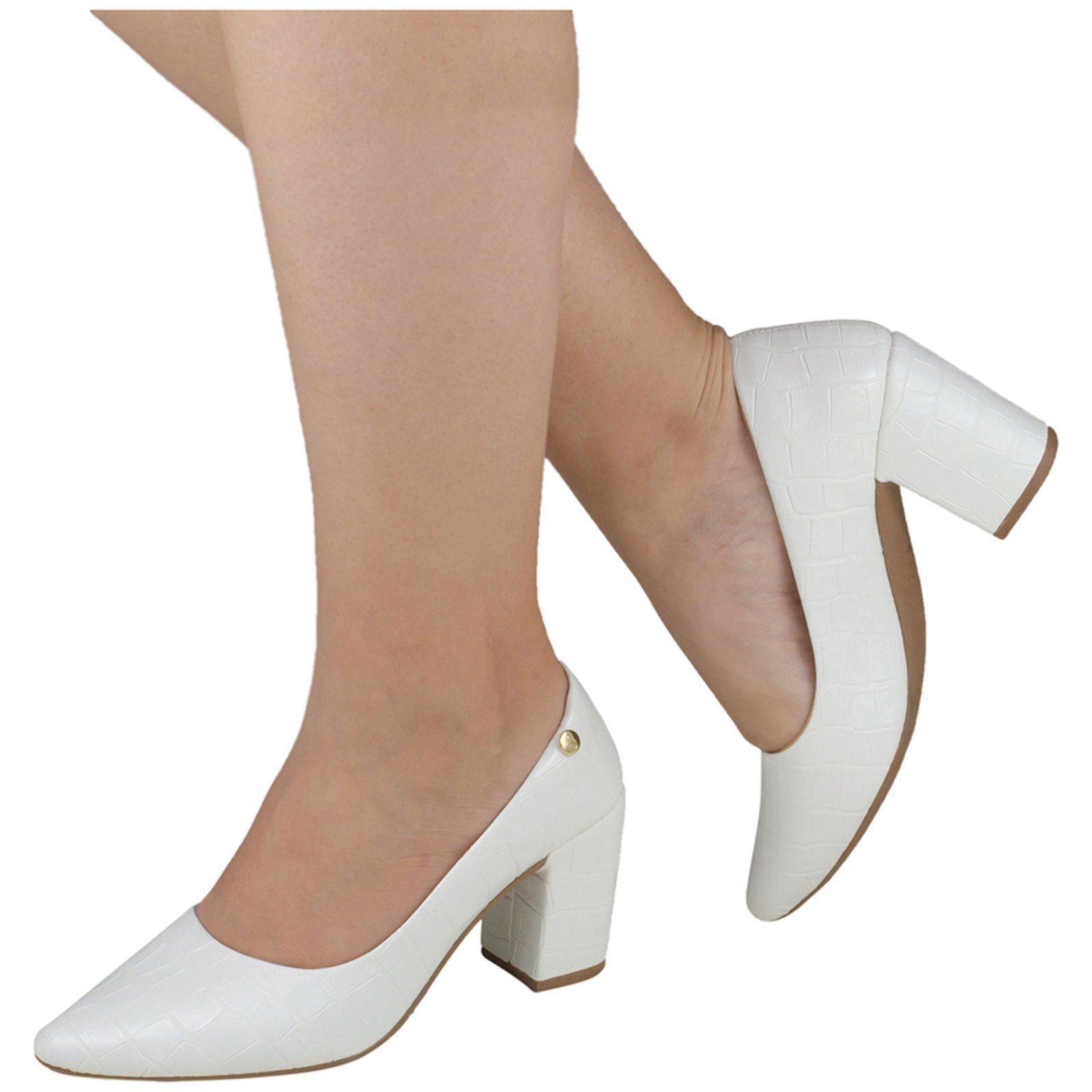 Vista 3 Sapato Social Scarpin Bico Fino Leve e Confortavel Shekinah Salto Alto Grosso Croco Bloco Moda Blogueira branco Shekinah branco
