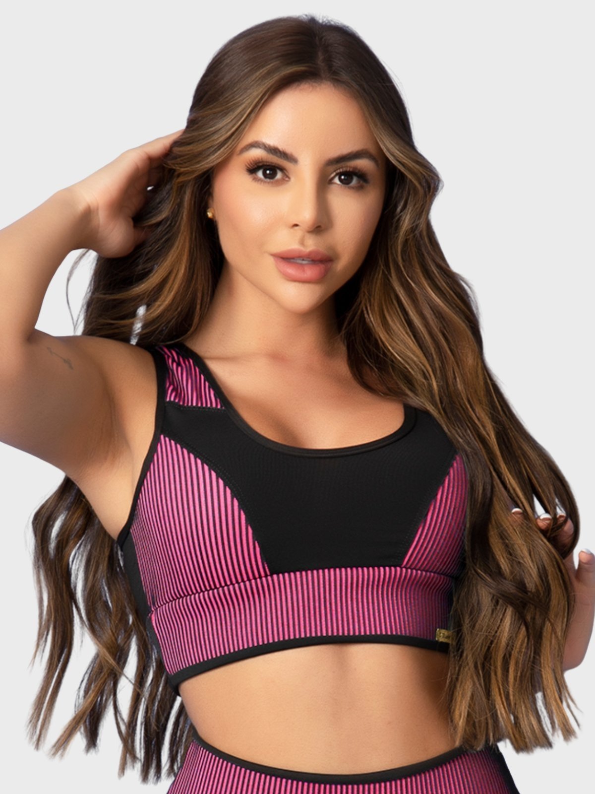 Top Fitness Tarelles Alça Larga 3D Forrado Preto e Rosa