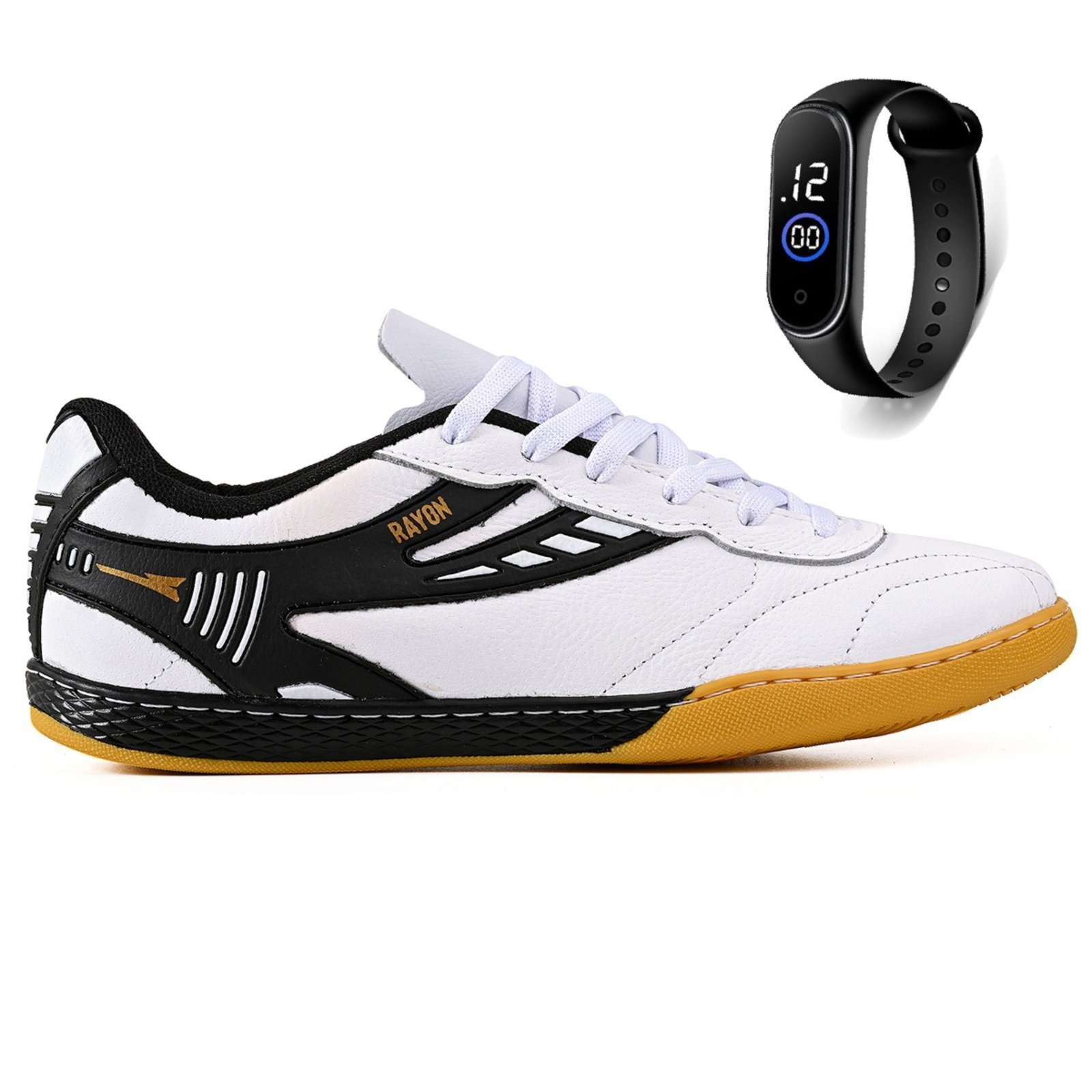 Vista 2 Kit Chuteira Futsal Couro Futebol Quadra Salao + Relogio Adulto CALCADOS LGHT LIGHT branco CALCADOS LGHT LIGHT branco