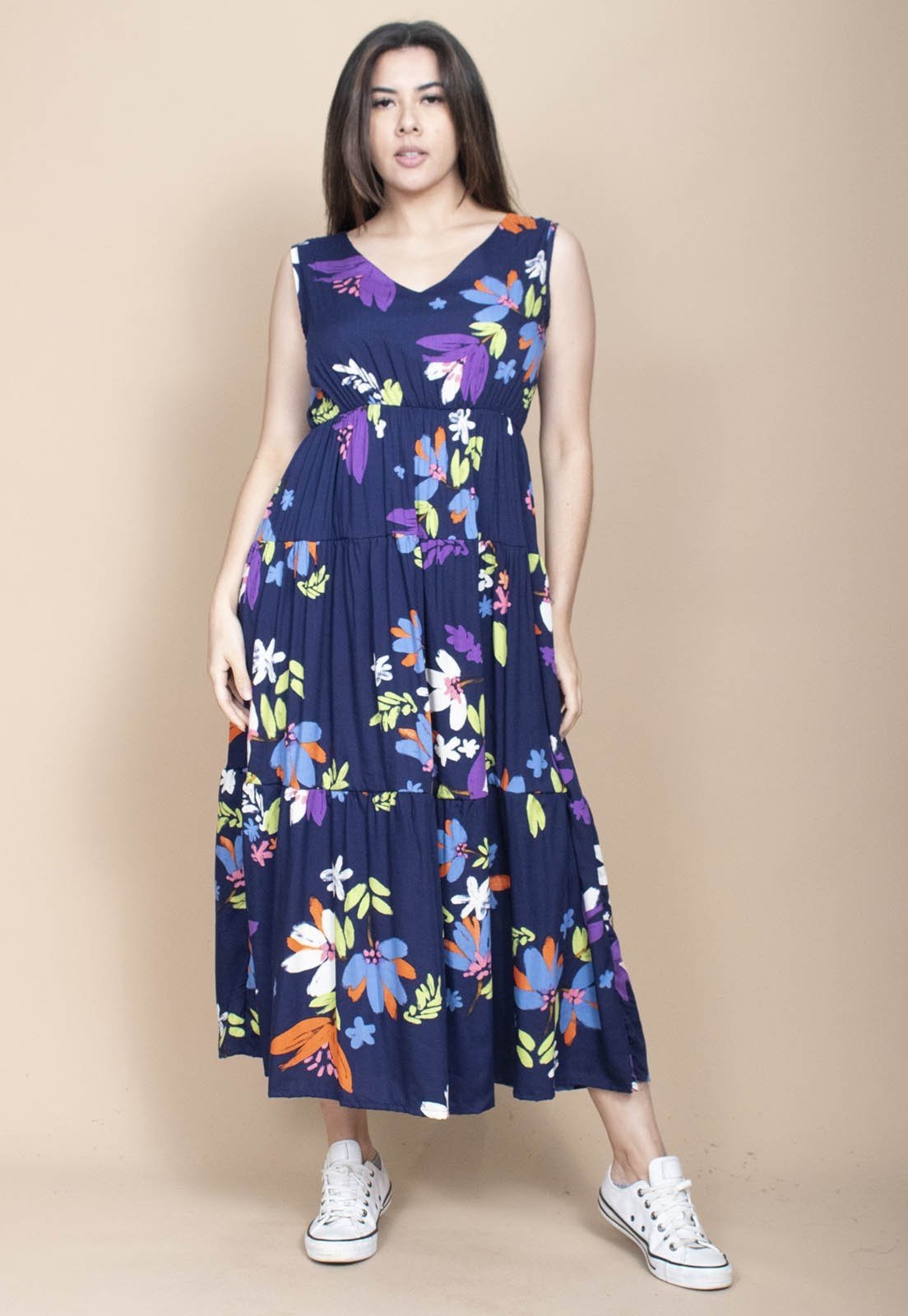 Vista 2 Vestido Cabanafree Regata Longo Peri Viscose Camadas Estampa Festa das Flores Cabanafree estampado/laranja/verde