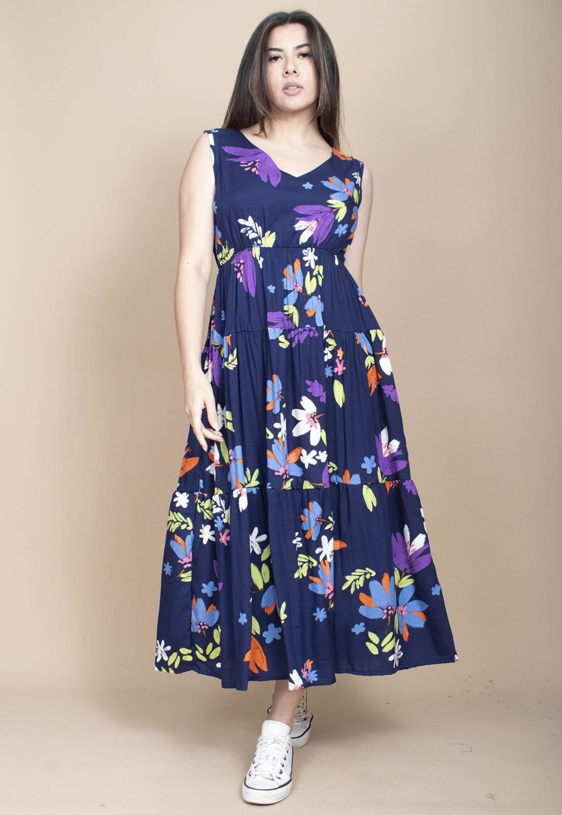 Vista 3 Vestido Cabanafree Regata Longo Peri Viscose Camadas Estampa Festa das Flores Cabanafree estampado/laranja/verde