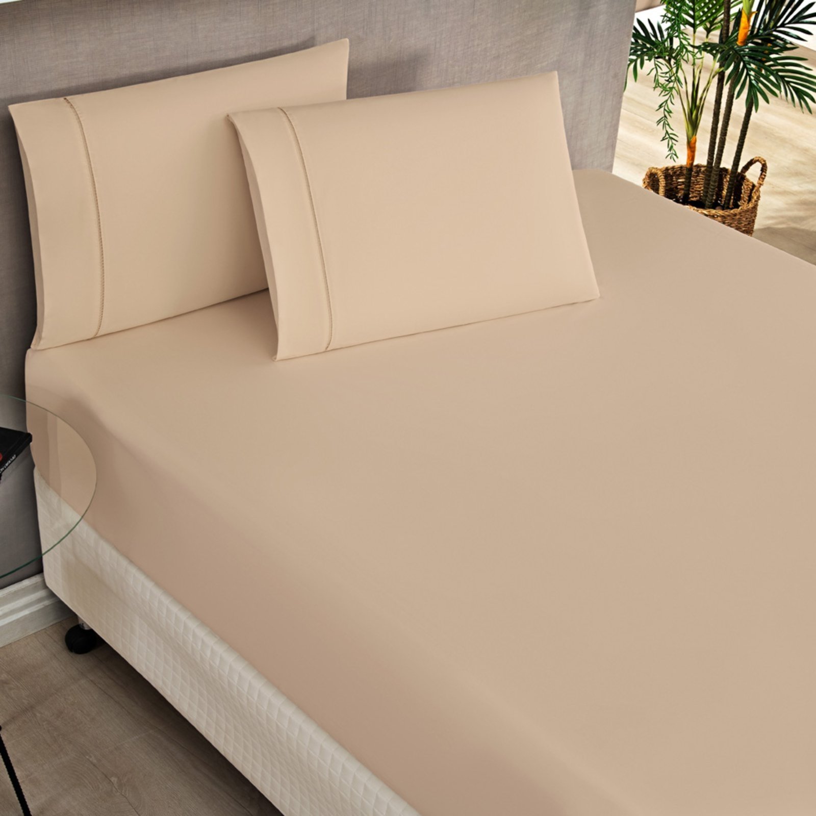 Jogo Cama Lençol Casa Scarpa Home Basic Queen 180 Fios c/ Ponto Palito 3 Peças - Bege