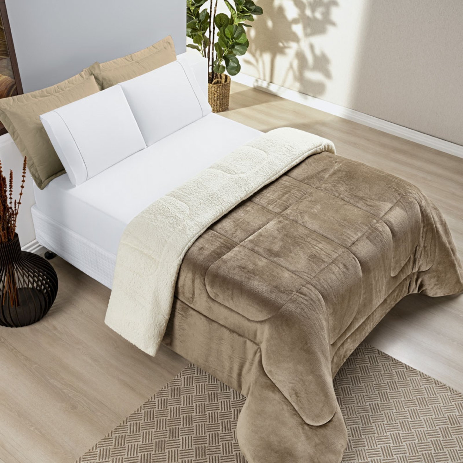 Coberdrom Casa Scarpa Apollo King Sherpa Pele de Carneiro + Manta Flannel - Bege