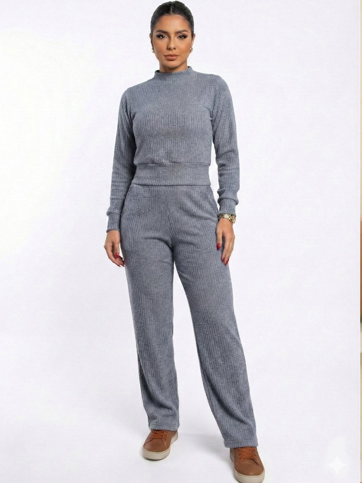 Conjunto Calça Reta Cintura Alta e Blusa Manga Longa Gola Alta Outono Inverno Cinza