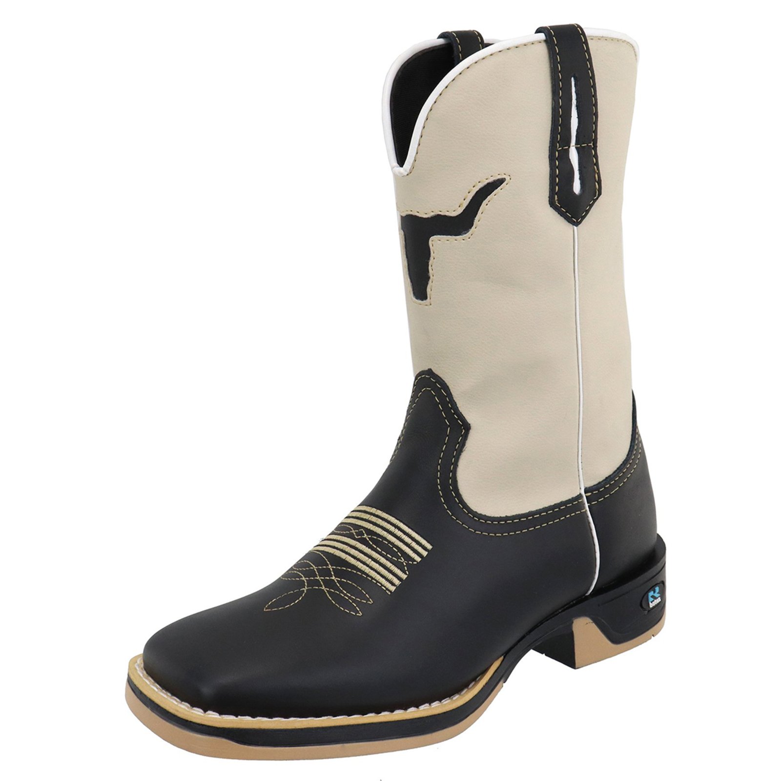Bota Texana Masculina RR Botas Country Rodeio Couro Bordado Boi Bico Quadrado Cano Alto Preto