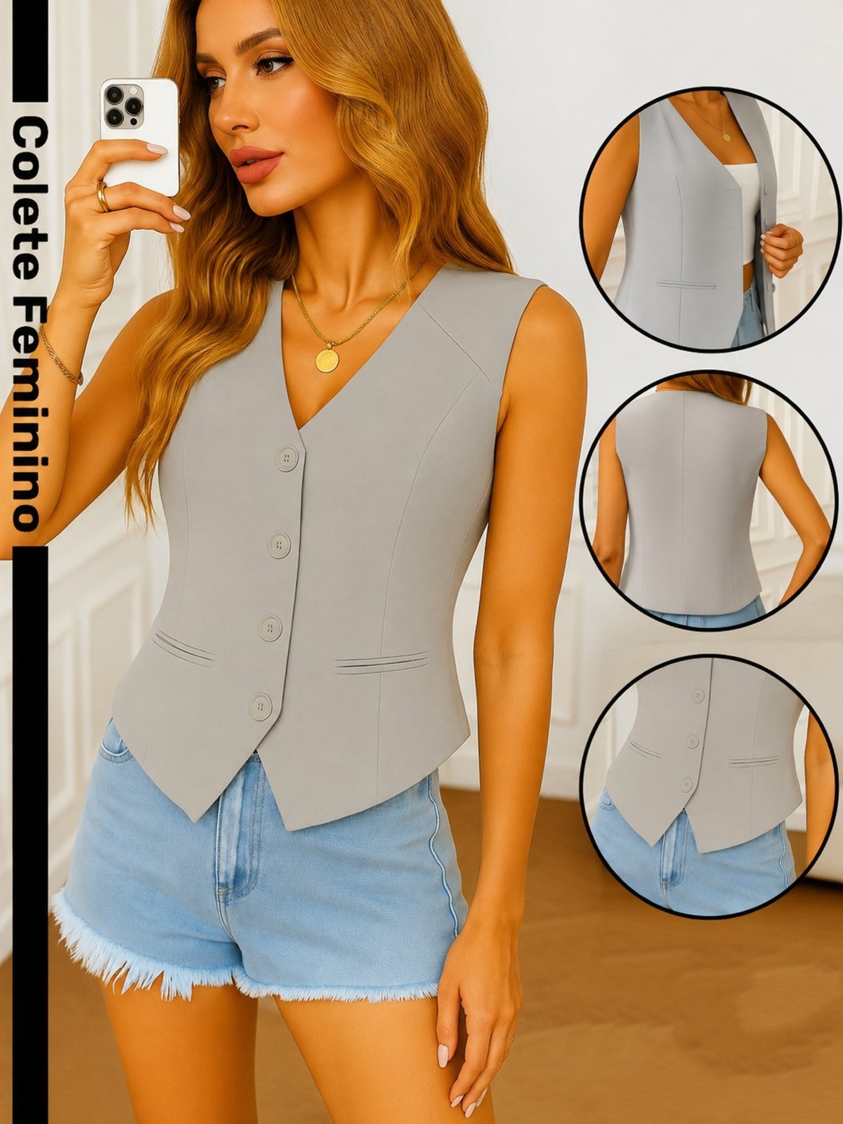 Colete Feminino Alfaiataria Safira Moda Cinza