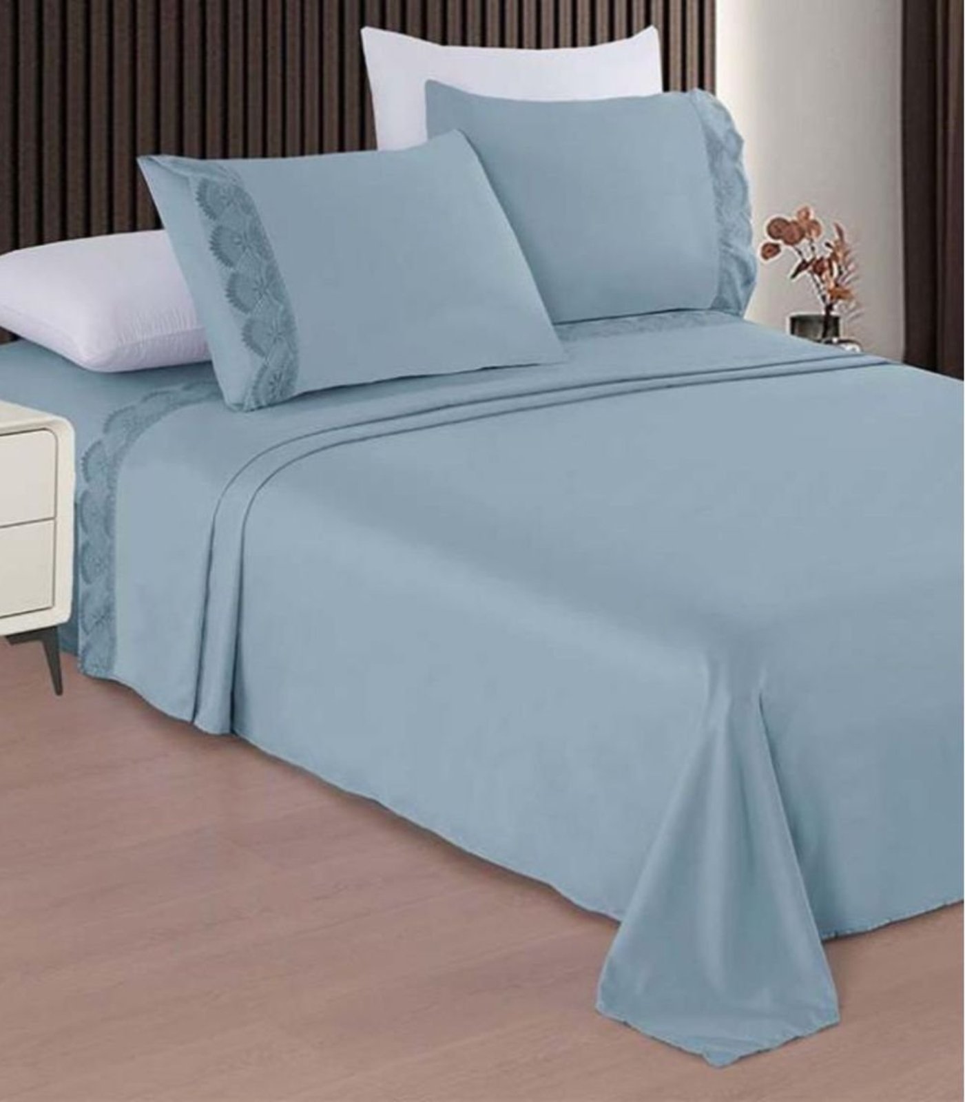 Jogo De Cama Marquesa Bordado Inglês Queen Camesa Azul