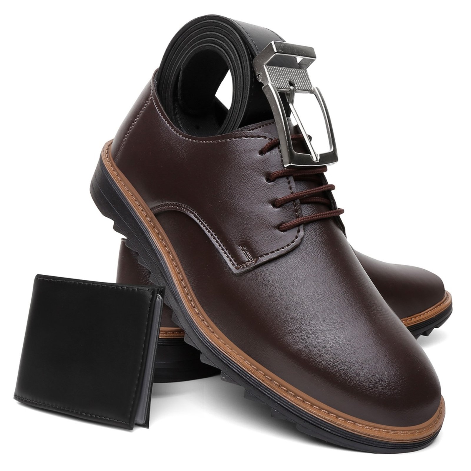 Kit Sapato Masculino Casual Veritimo Mocassim Social Amarrar Conforto Cinto e Carteira Café
