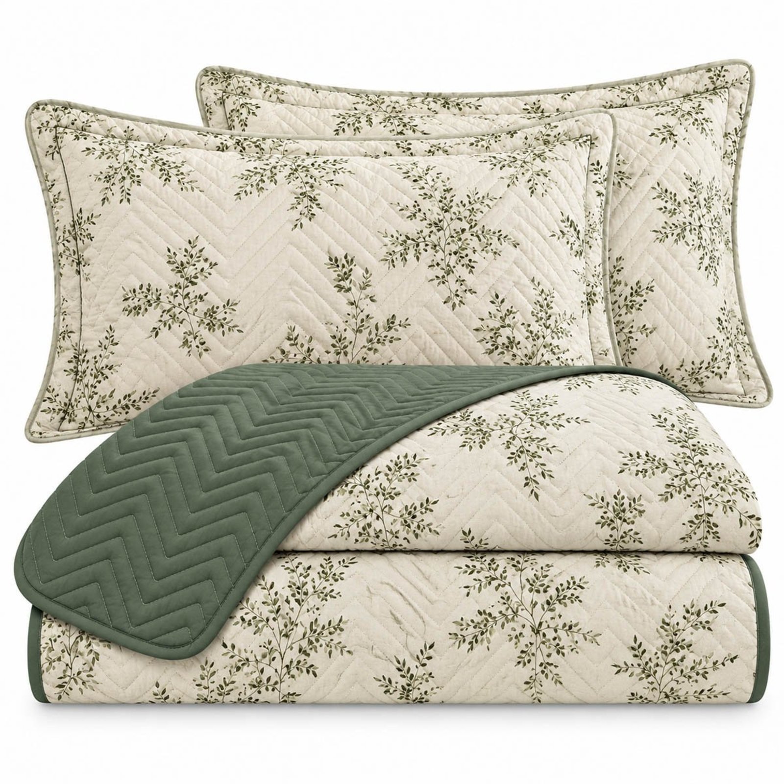 Kit Cobre Leito Floratta Casal Percal 150 Fios Dupla Face Estampado Colcha 3 Peças Floral Verde