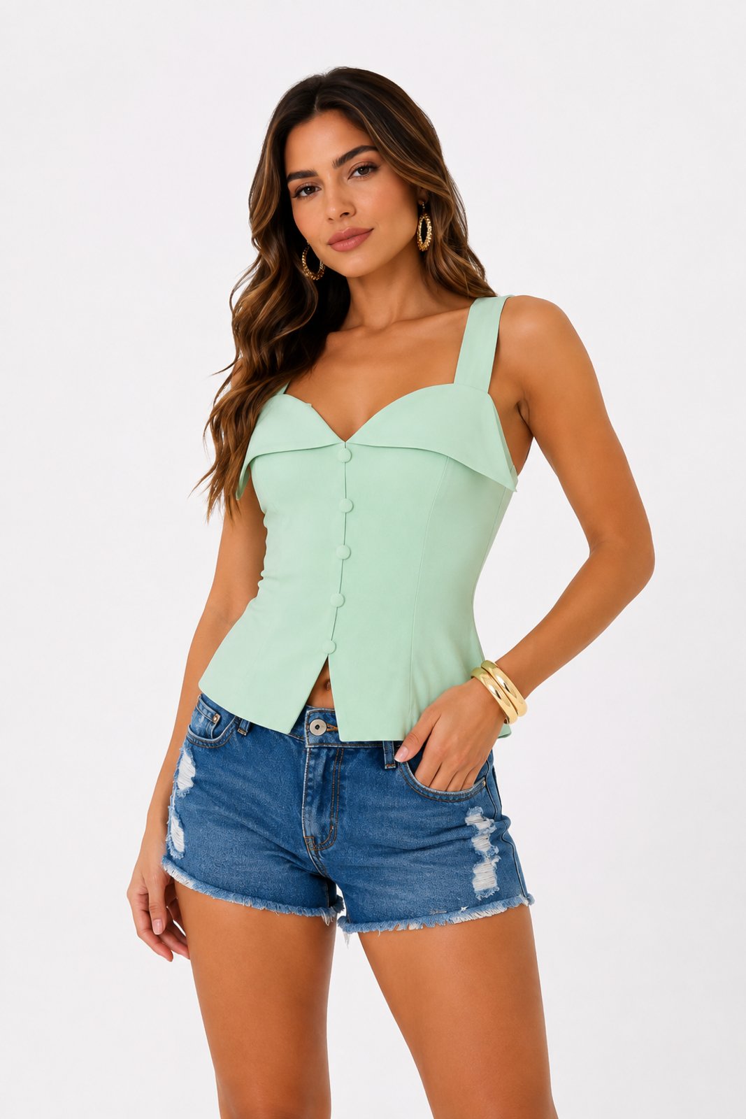 Blusa Colete Feminina D Bell Outlet Fashion Crepe Alfaiataria Botões Verde Menta