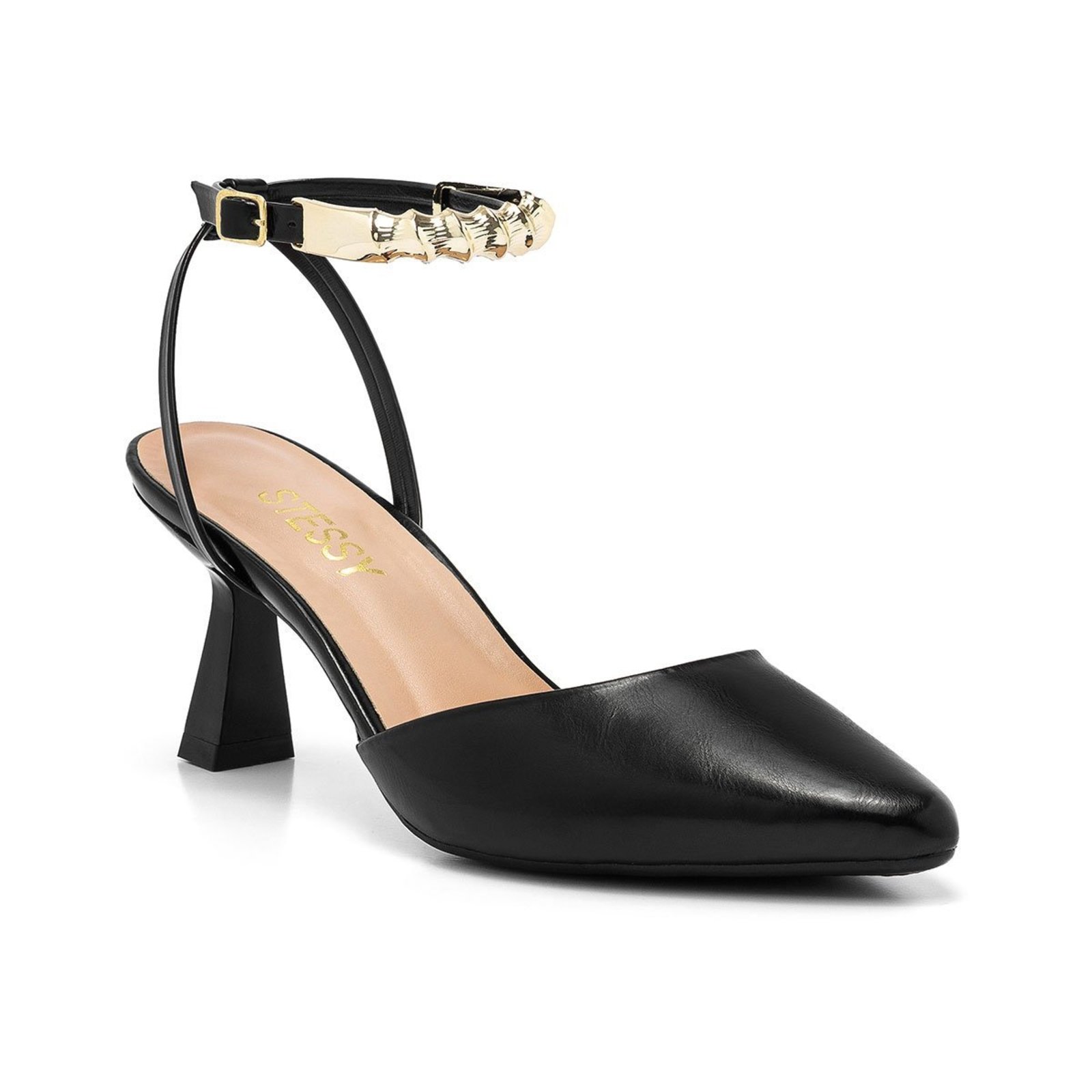 Scarpin Feminino Slingback Salto Baixo Taça Enfeite Removível Preto