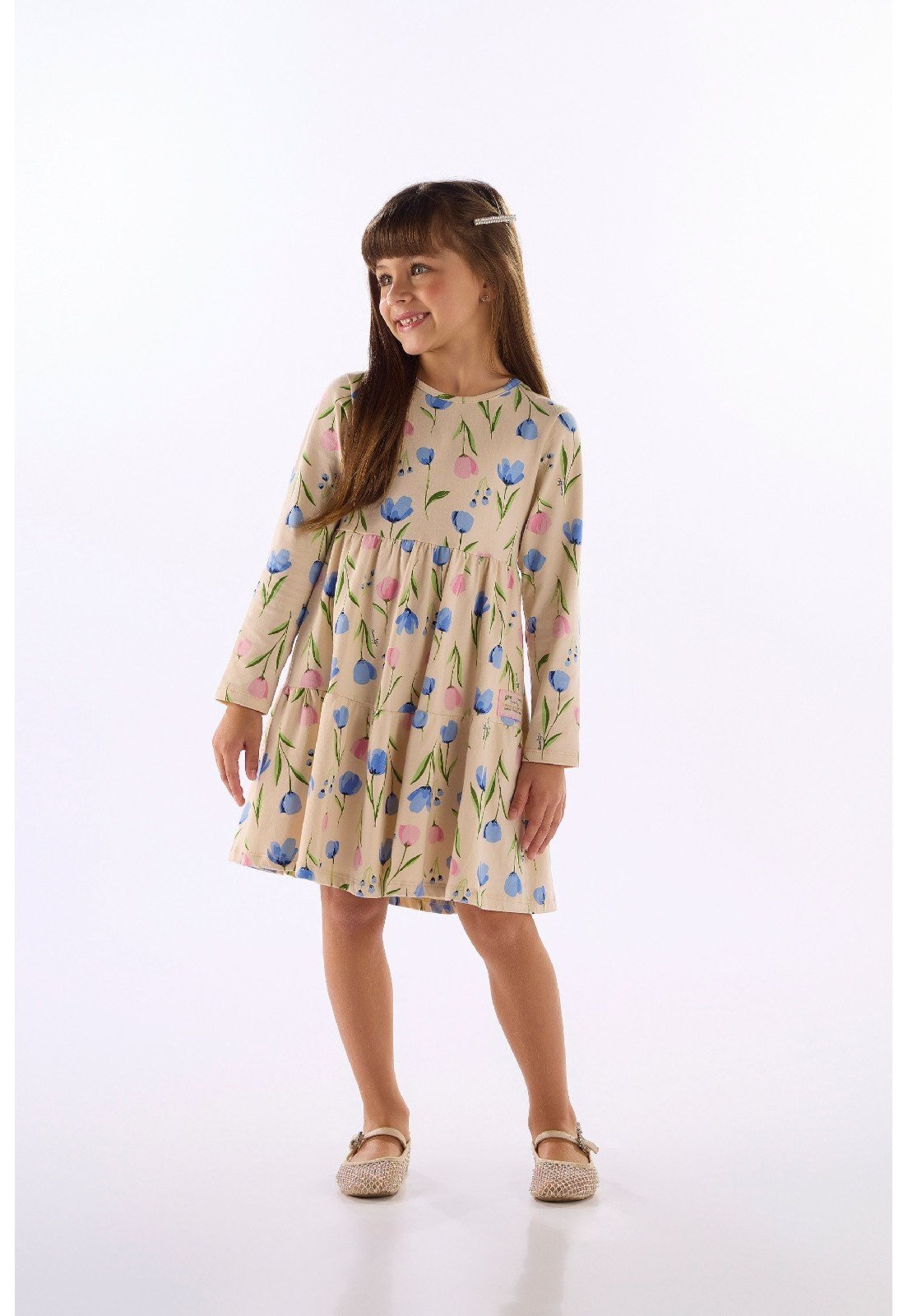 Infantil - Vestido Floral Manga Longa Cotton Quimby Bege