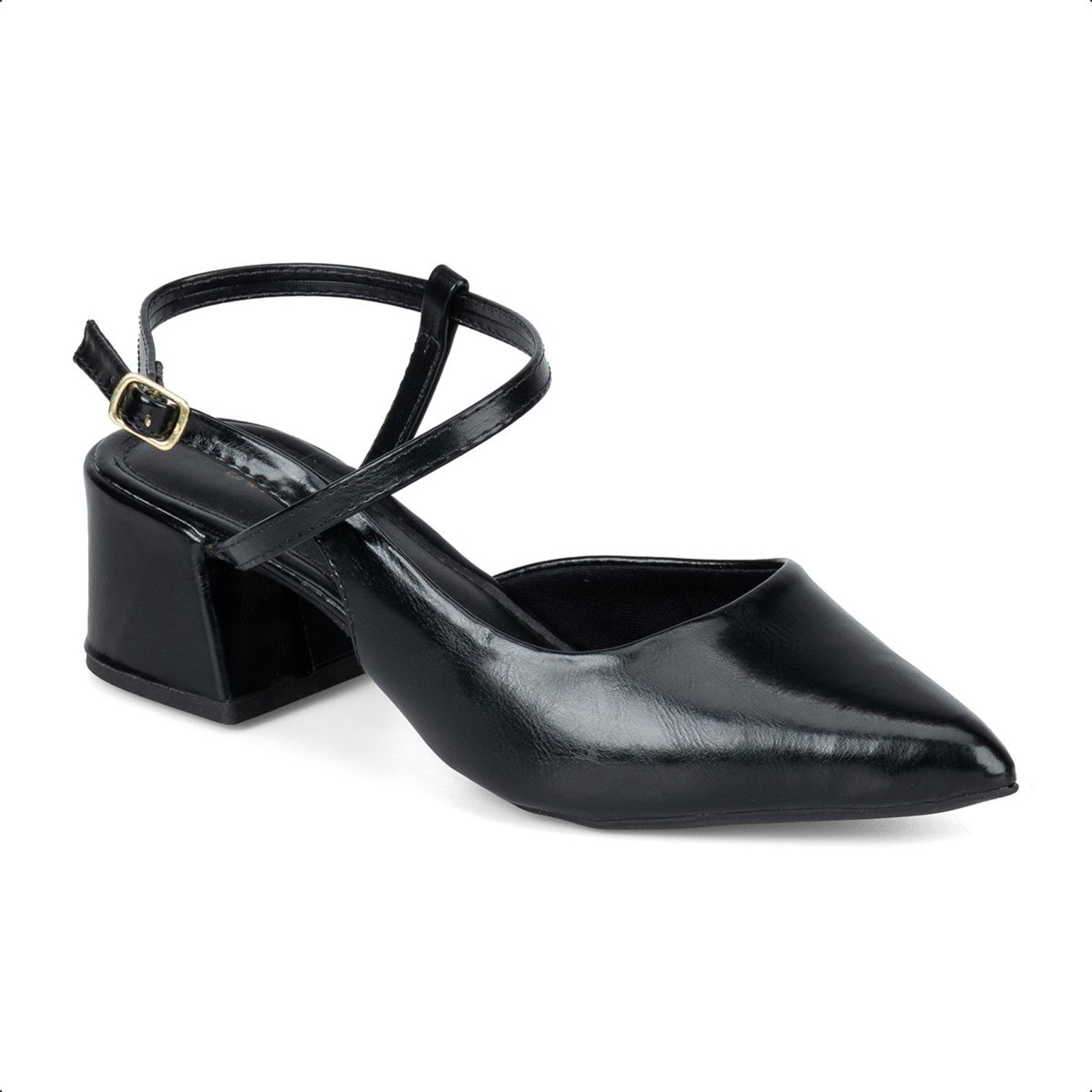 Scarpin Slingback Bico Fino Salto Bloco Médio Domidona Preto