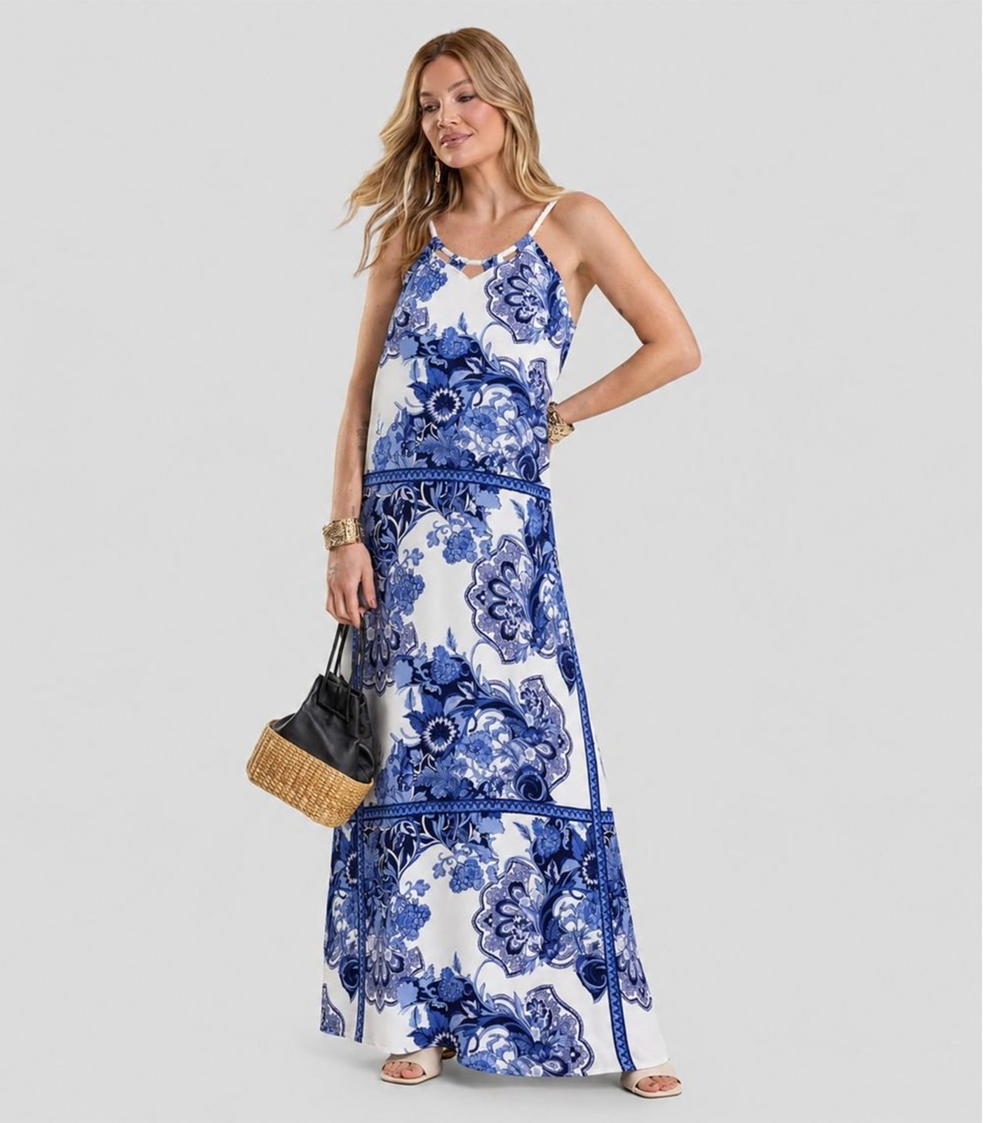 Vestido Longo Feminino em Tecido Estampado Dianna Azul