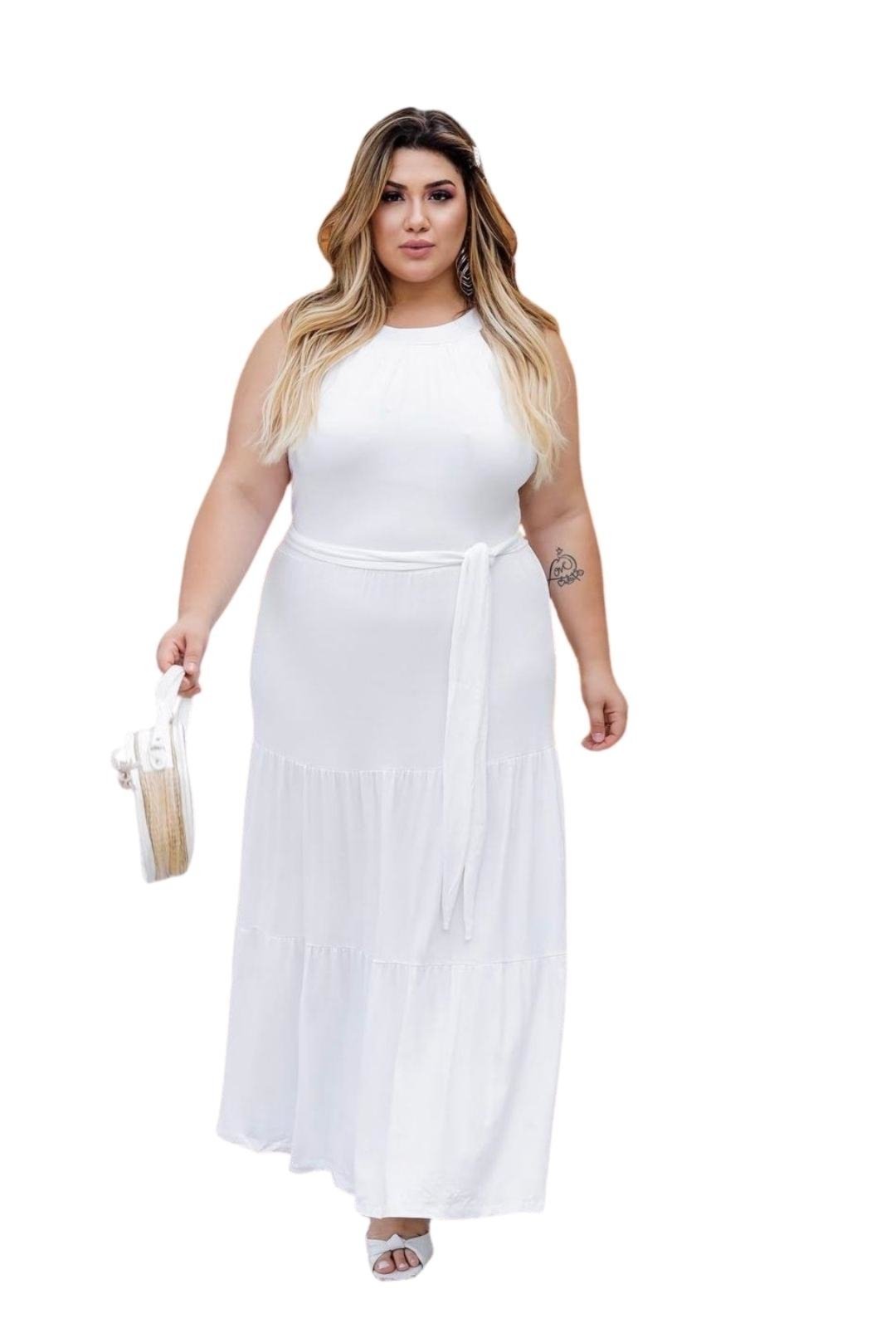 Vestido Longo Plus size Liso Viscolycra Branco Ano Novo Réveillon