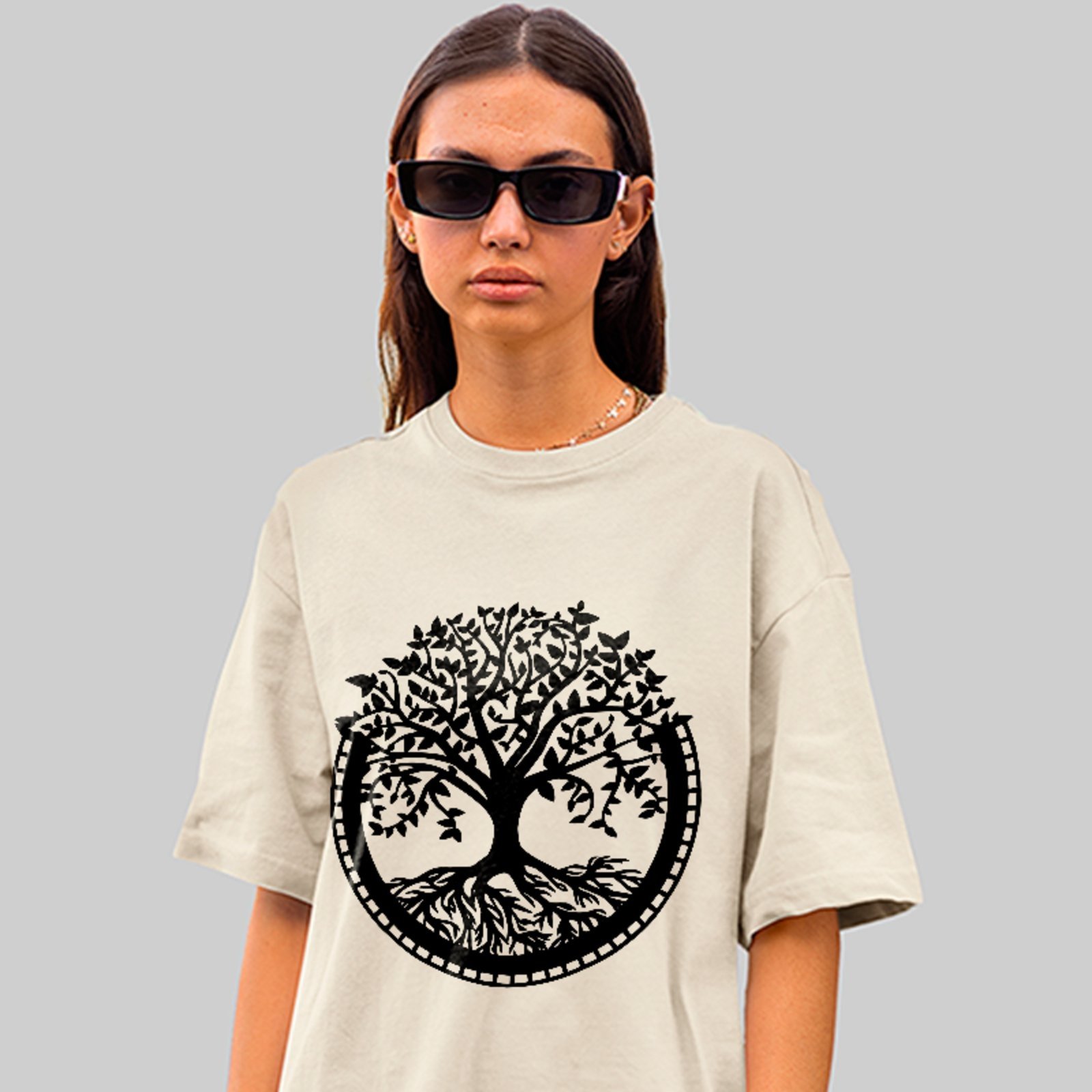 Camiseta Oversized Premium Árvore da Vida Minimalista Unissex Off White