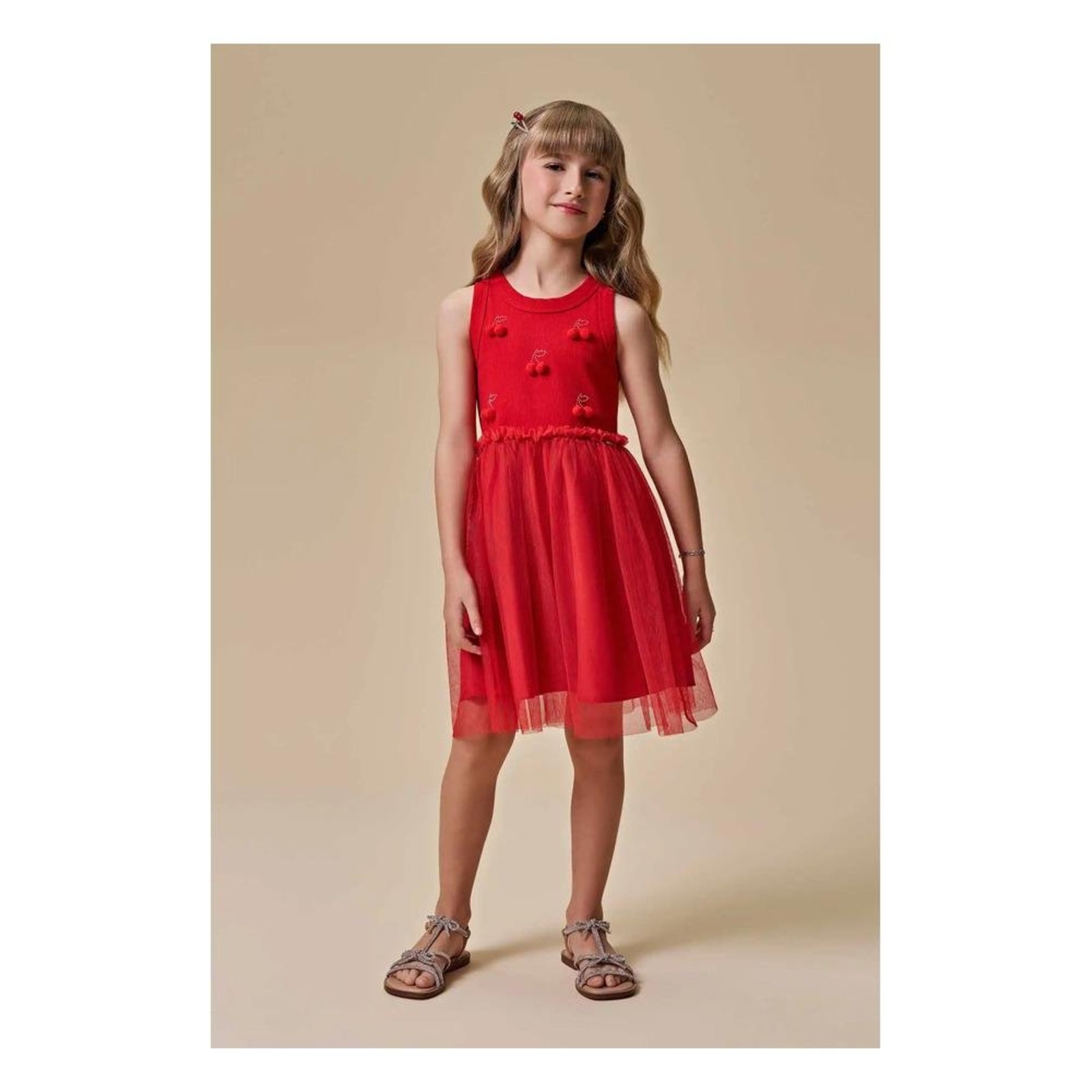 Infantil - Vestido Vermelho Saia Tule Aplicação de Cerejas Infanti 2 Vermelho