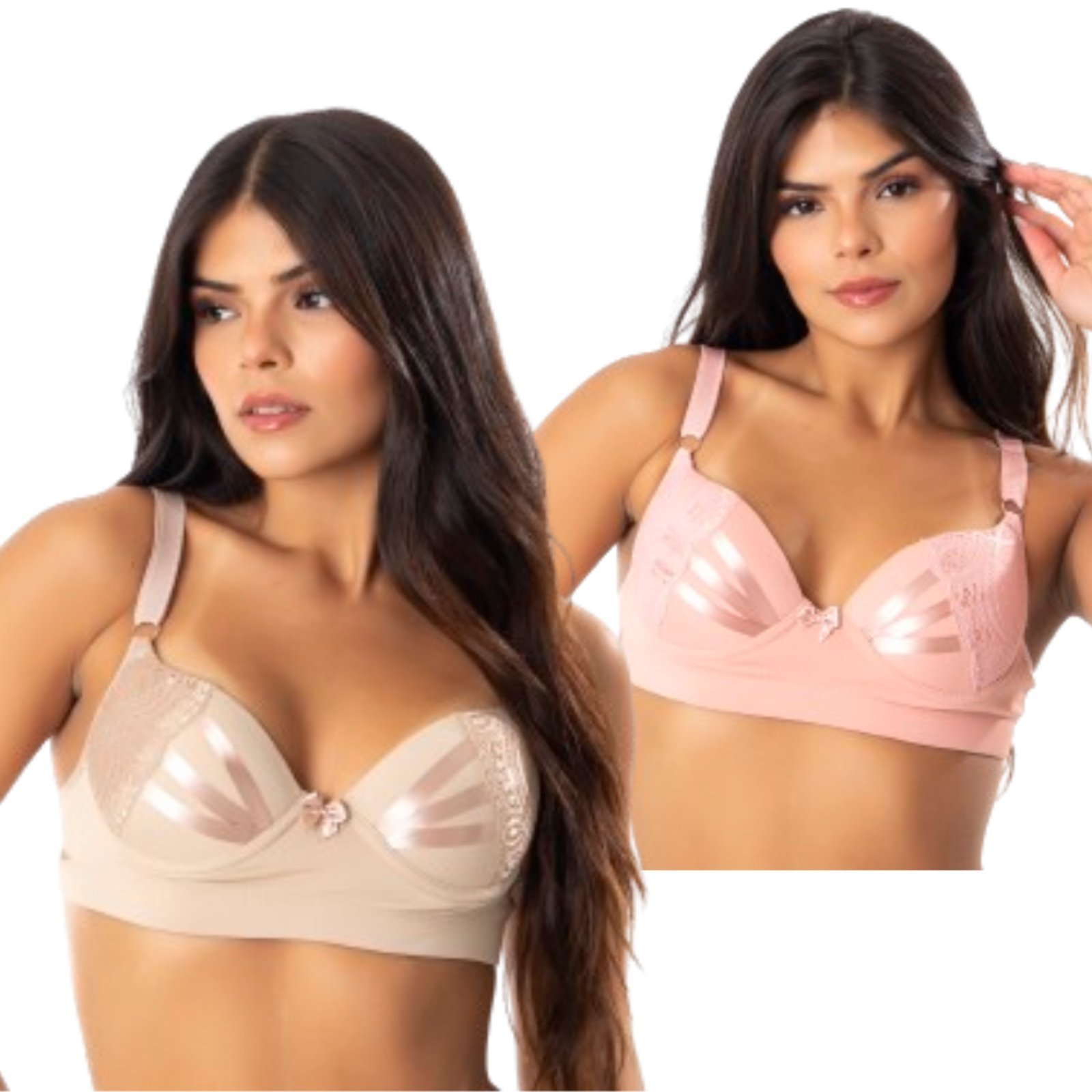 Kit 2 Sutiã De Bojo Reforçado Reflexo Íntimo Com Bojo Detalhes Em Fita Cetim Bege e Rosa