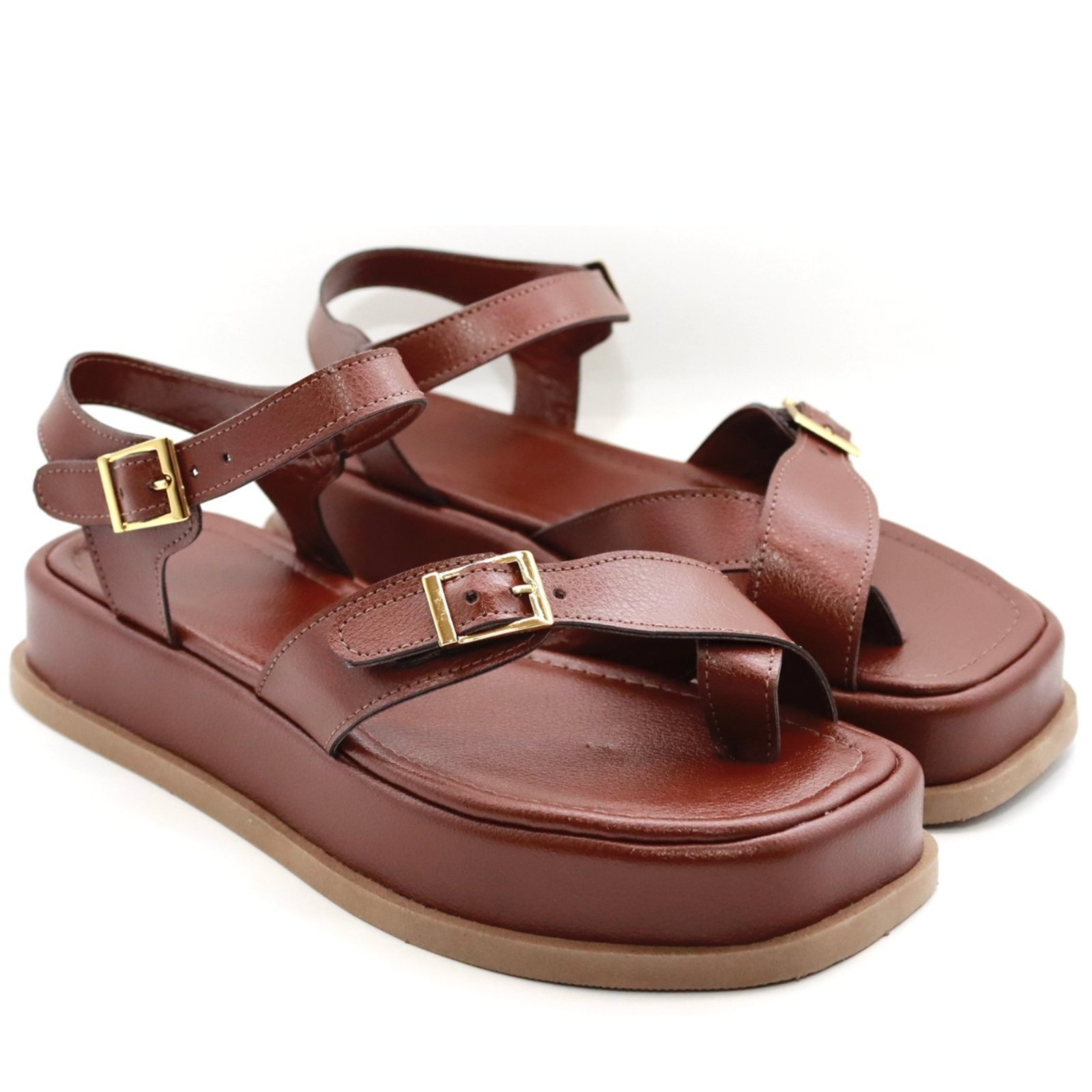 Sandália Flatform Feminina Papete Tiras Fivela 23410 Cacau- Jasmim Flor Da Pele