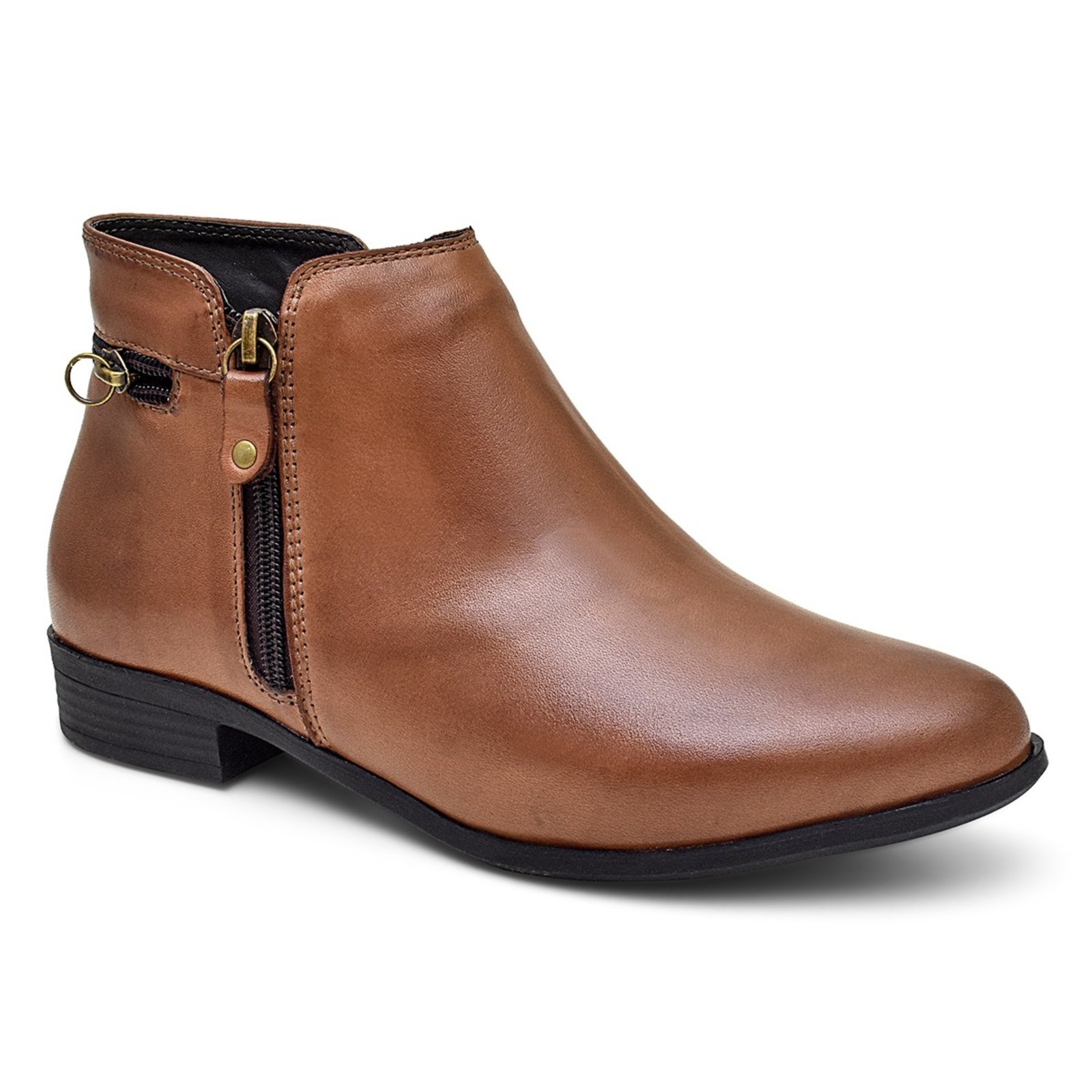 Bota Feminina Ipê Mulato Couro Premium Cano Curto Salto Baixo cor Whisky