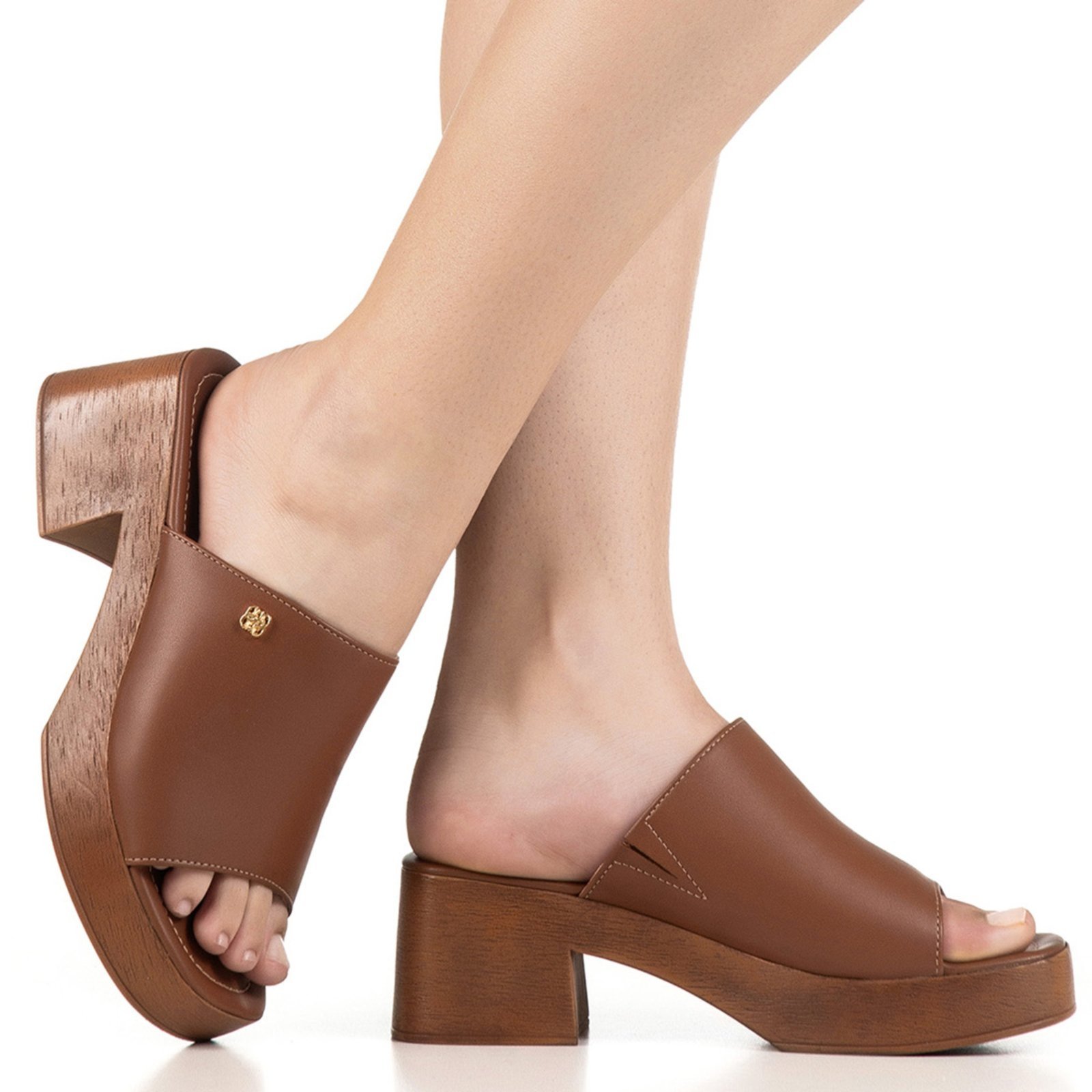Sandália Tamanco Feminino GiGiL Salto Grosso Bloco Madeira Plataforma Meia Pata Elegante Clássico Caramelo