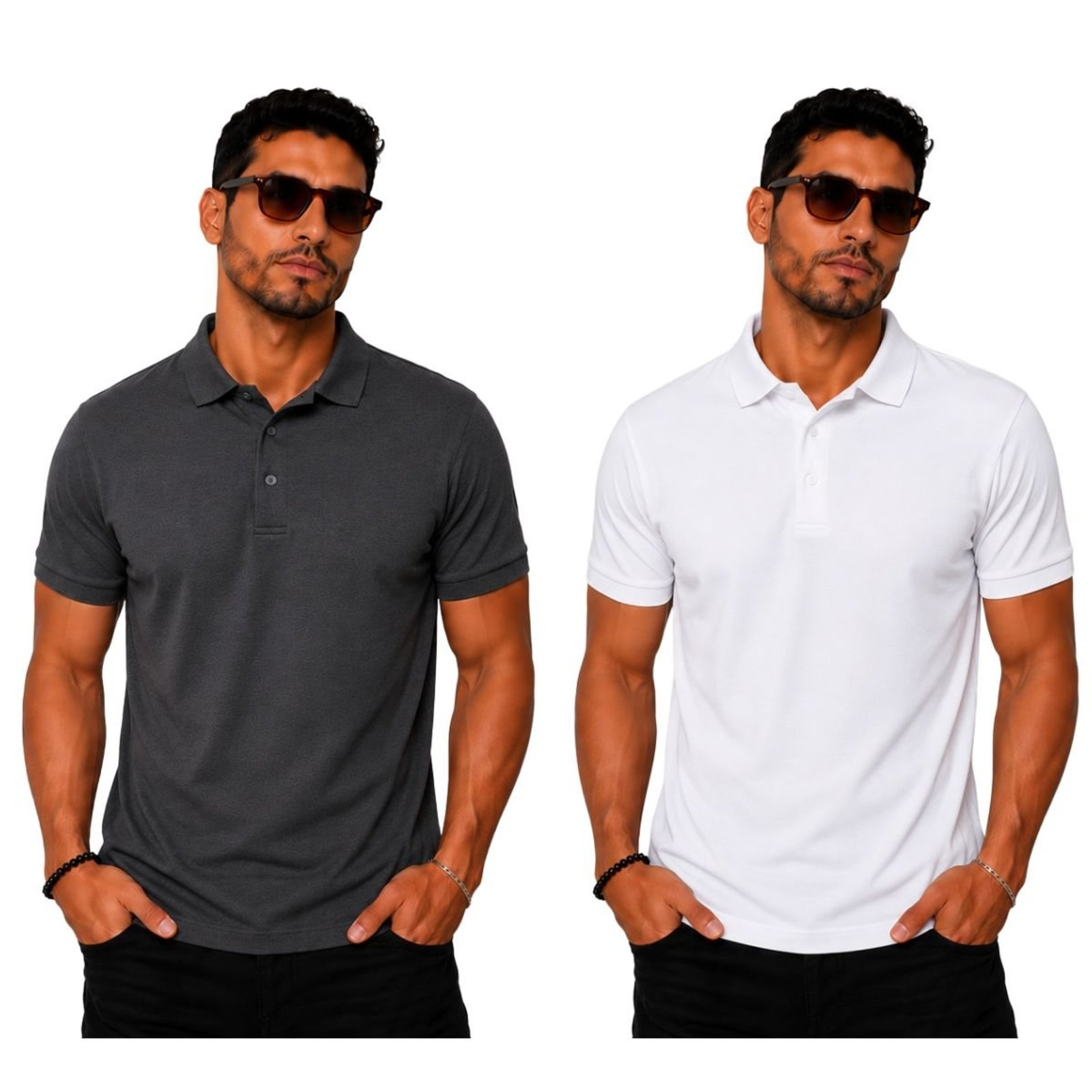 Kit 2 Camisas Polo Masculina Poliamida Premium Preto e Branco Multicolorido