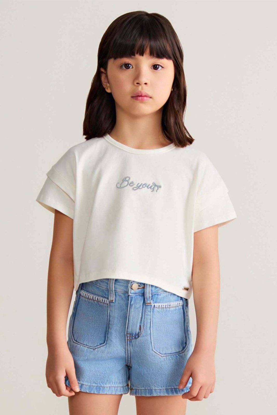 Infantil - Short Jeans Menina Bordados Colorittá Azul