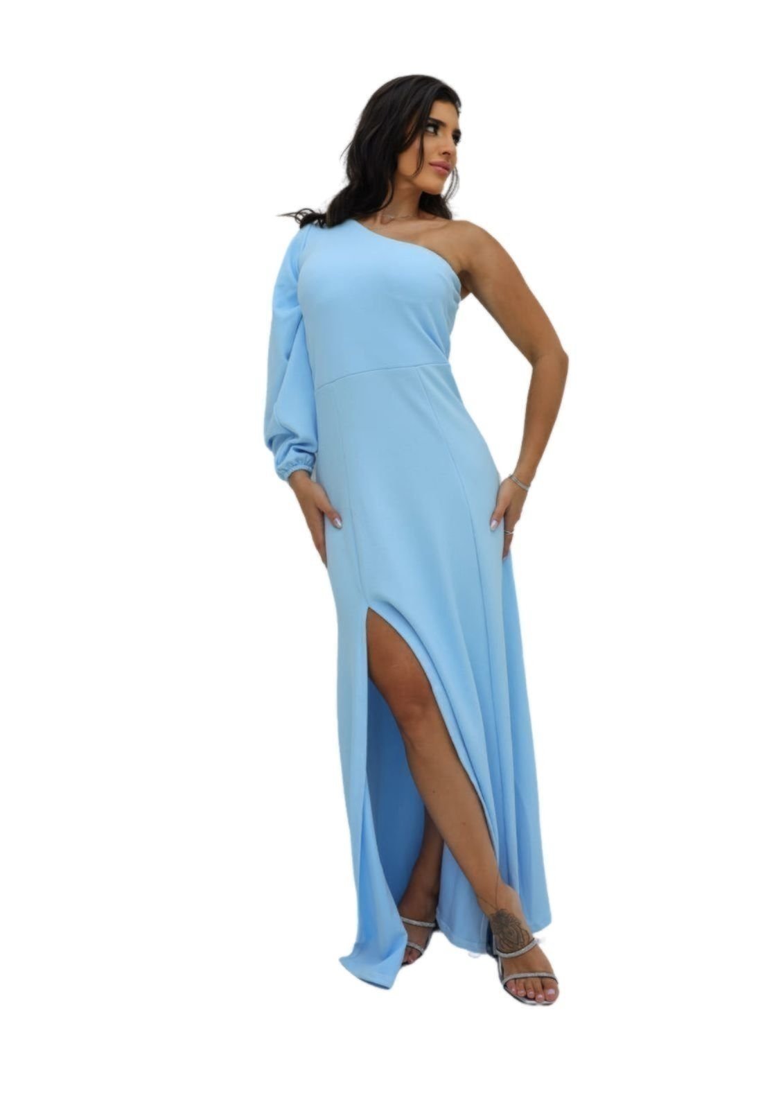 Vestido Longo Crepe De Festa um Manga Longa cidyan Azul Serenity