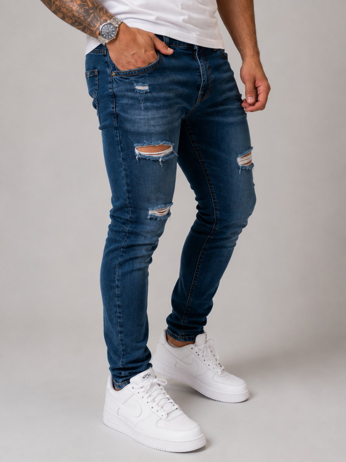 Calça Jeans Masculina Skinny Destroyed Purple Jeans Azul Escuro com Rasgos Premium Estilo Casual Moderno