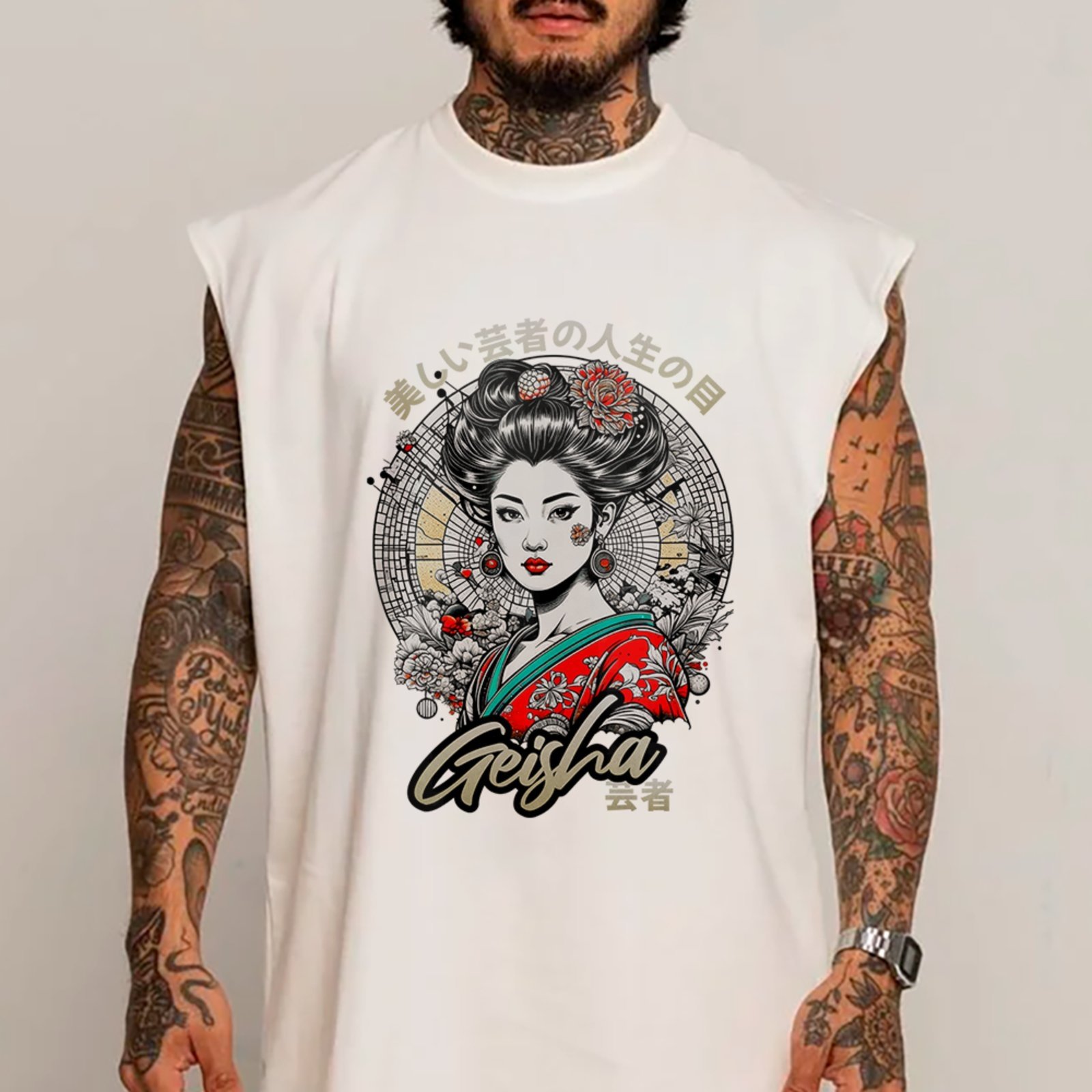 Camiseta Regata Machão Geisha Japão Arte Oriental Branco