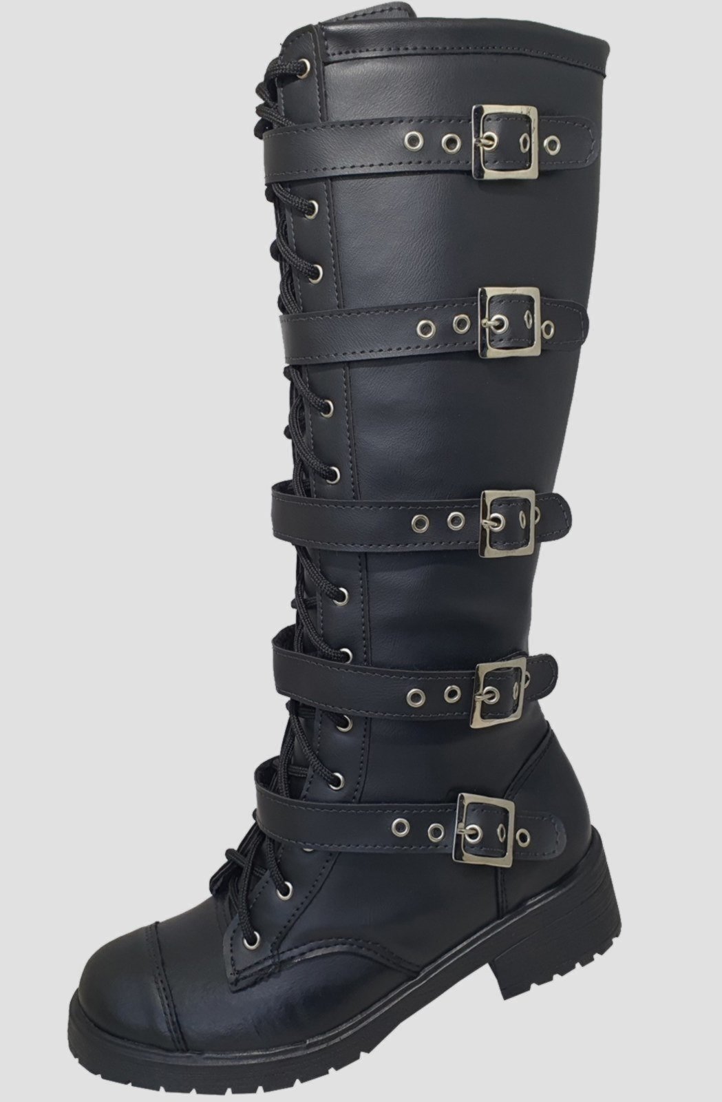 Bota Montaria Cano Alto Moda Pé Estilo Militar 5 Fivelas Preta