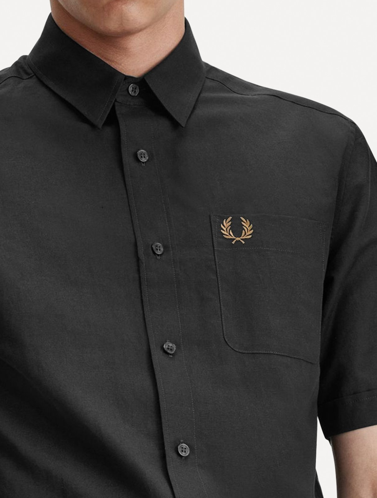 Vista 3 Camisa Fred Perry Masculina Manga Curta Linen Blend Escuro verde verde