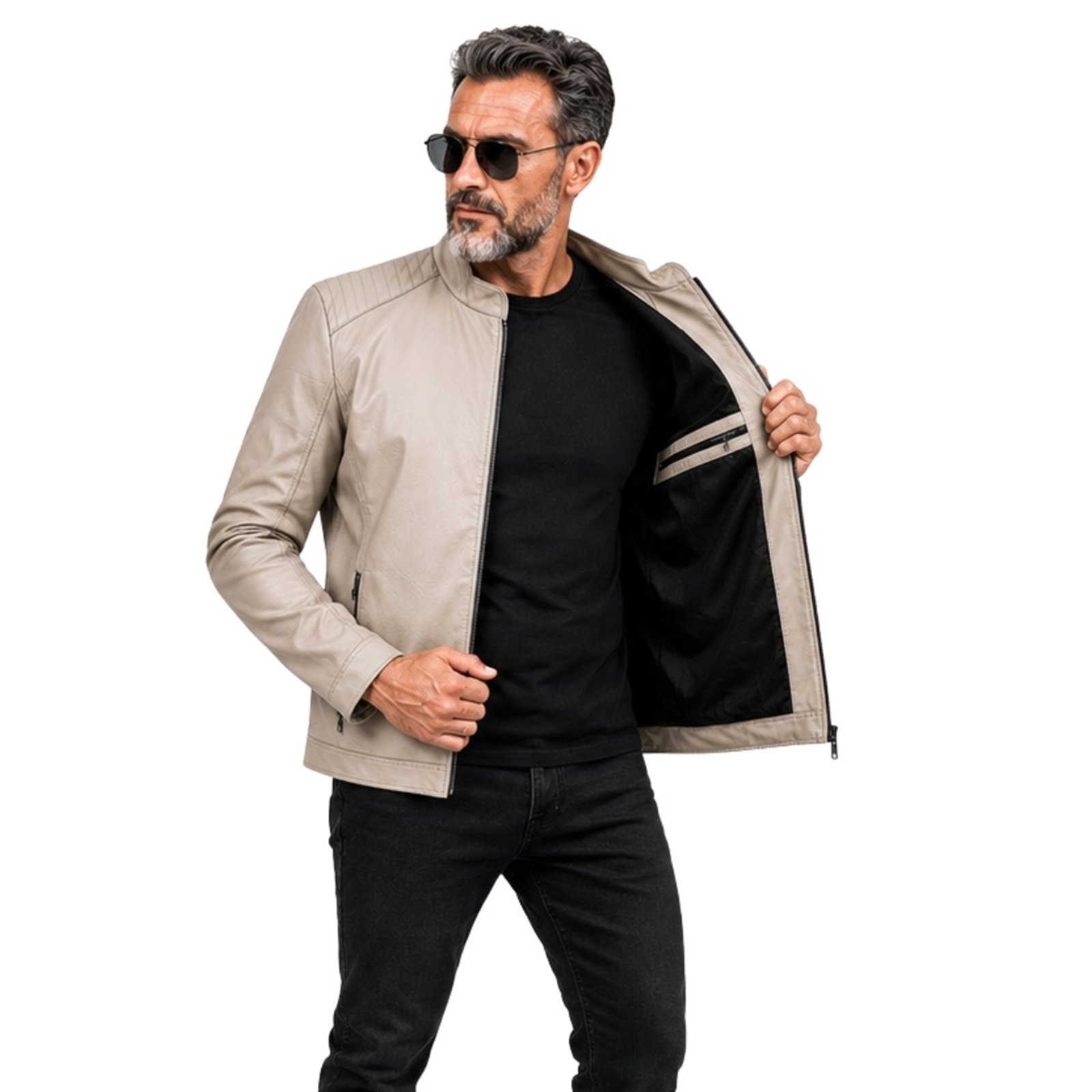 Jaqueta PU Masculina Forrada Gola Alta Estilo Biker Bege