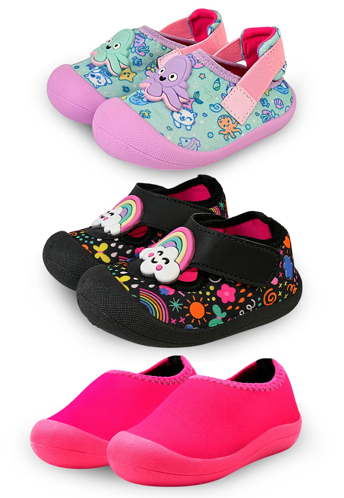 Vista 2 Infantil - Kit 3 Pares Sapatinho Menina Conforto Sereia azul/pink/rosa pink azul/pink/rosa pink