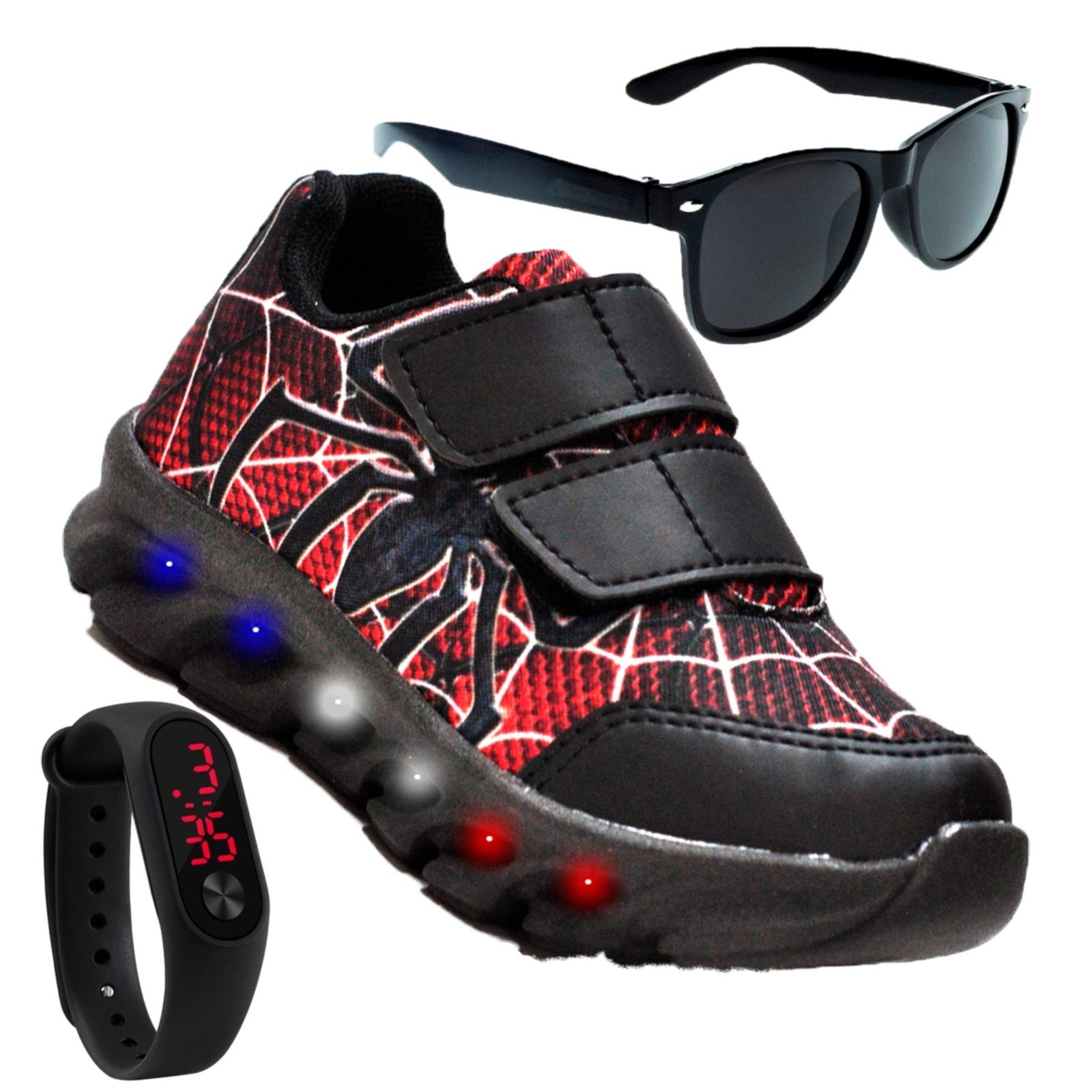 Infantil – Tenis Masculino de Led Aranha Calce Facil Original + Brindes