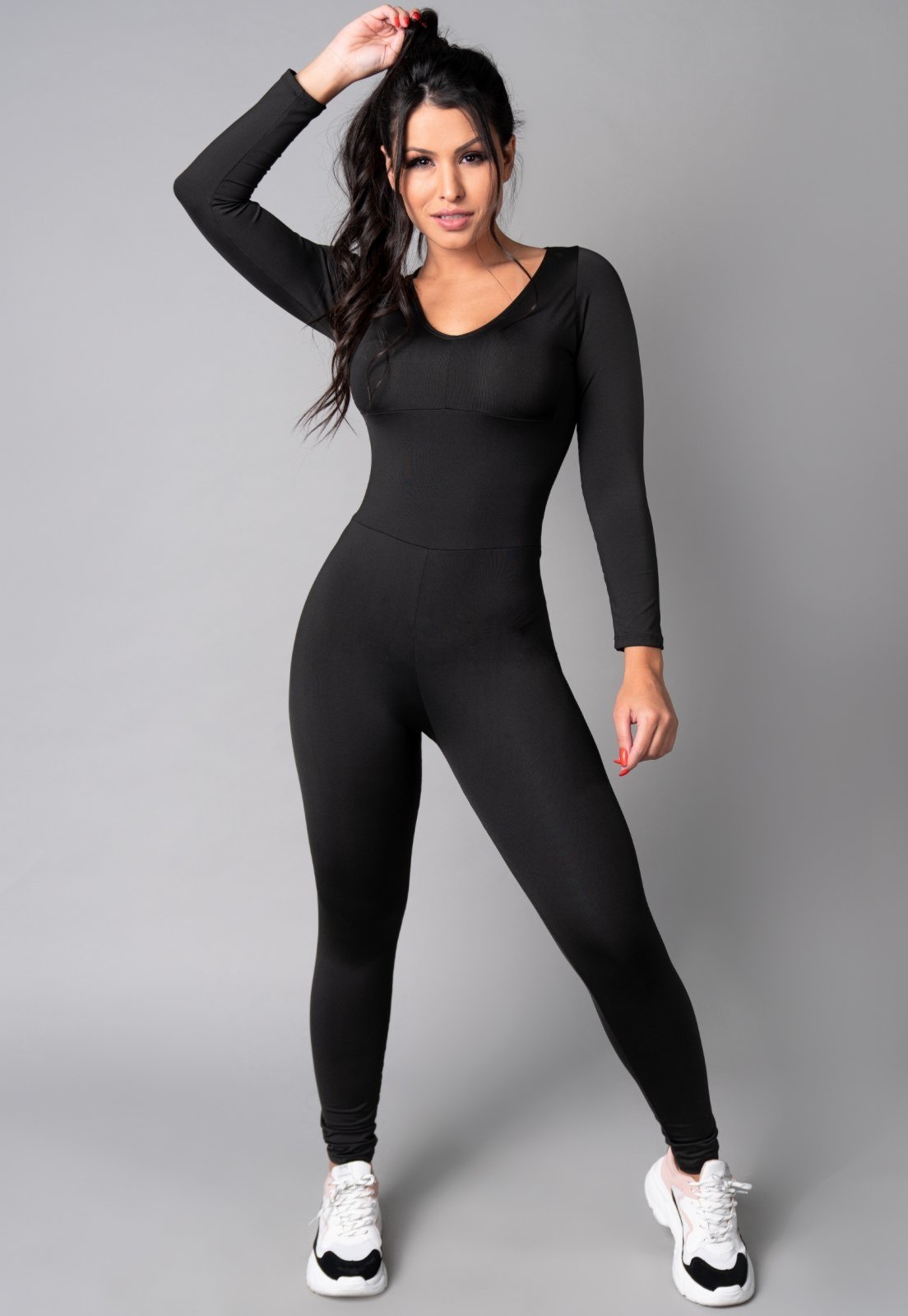 Macacão MVB Modas Longo Manga 3/4 Costa Fechada Fitness Suplex Preto