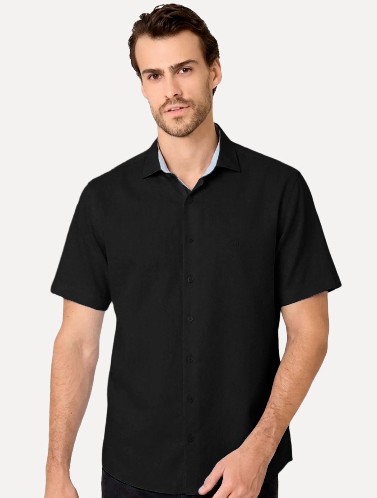 Camisa Dudalina Masculina Manga Curta Slim Superfine Cotton Tricoline Lisa Preta