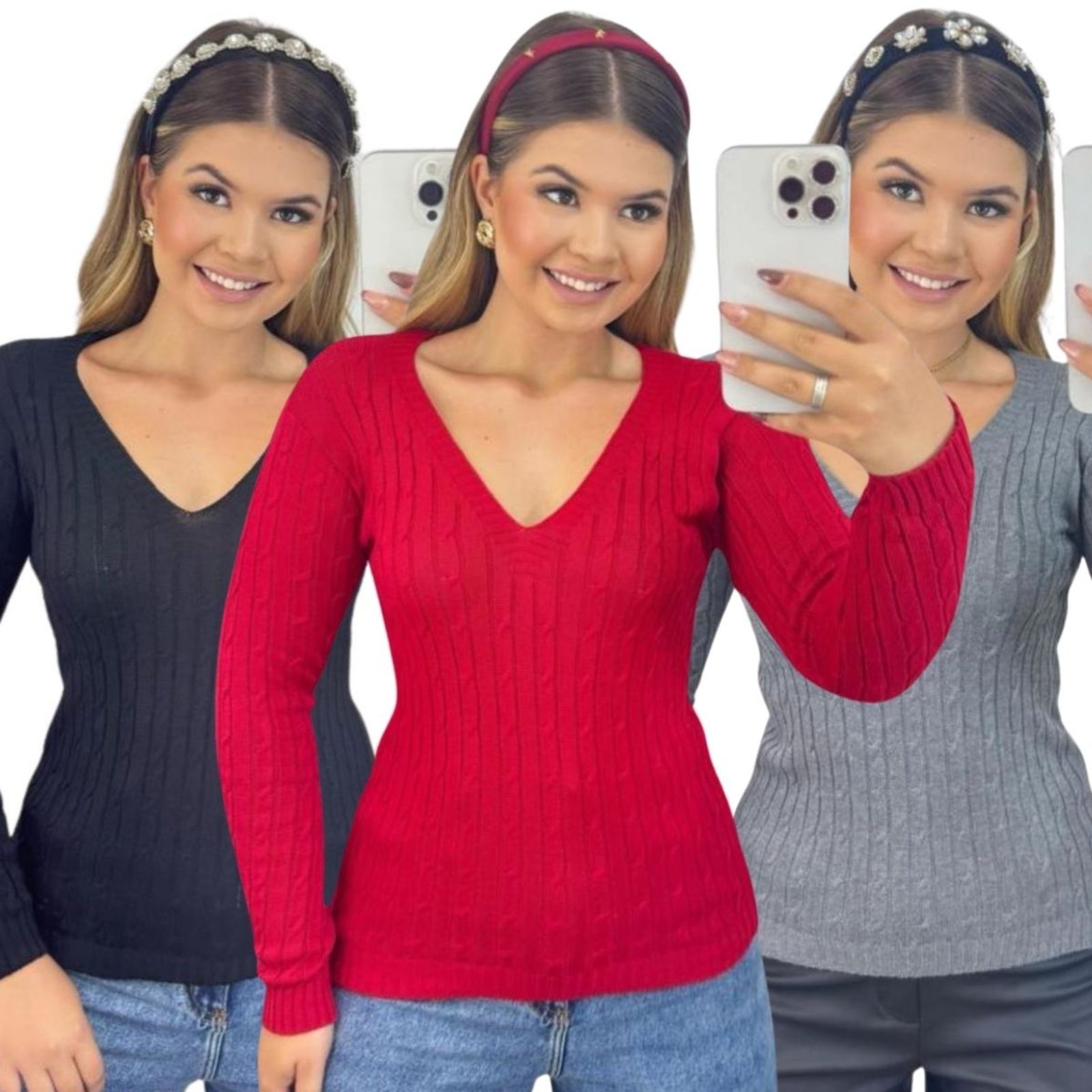 Kit 3 Blusas FMF Femininas Suéter Malha Tricô Manga Longa