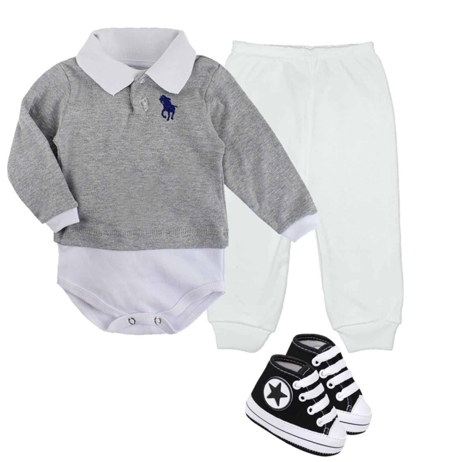 Infantil – Kit 3 Peças Menino Com Body Polo Mijão E Sapatinho Azul