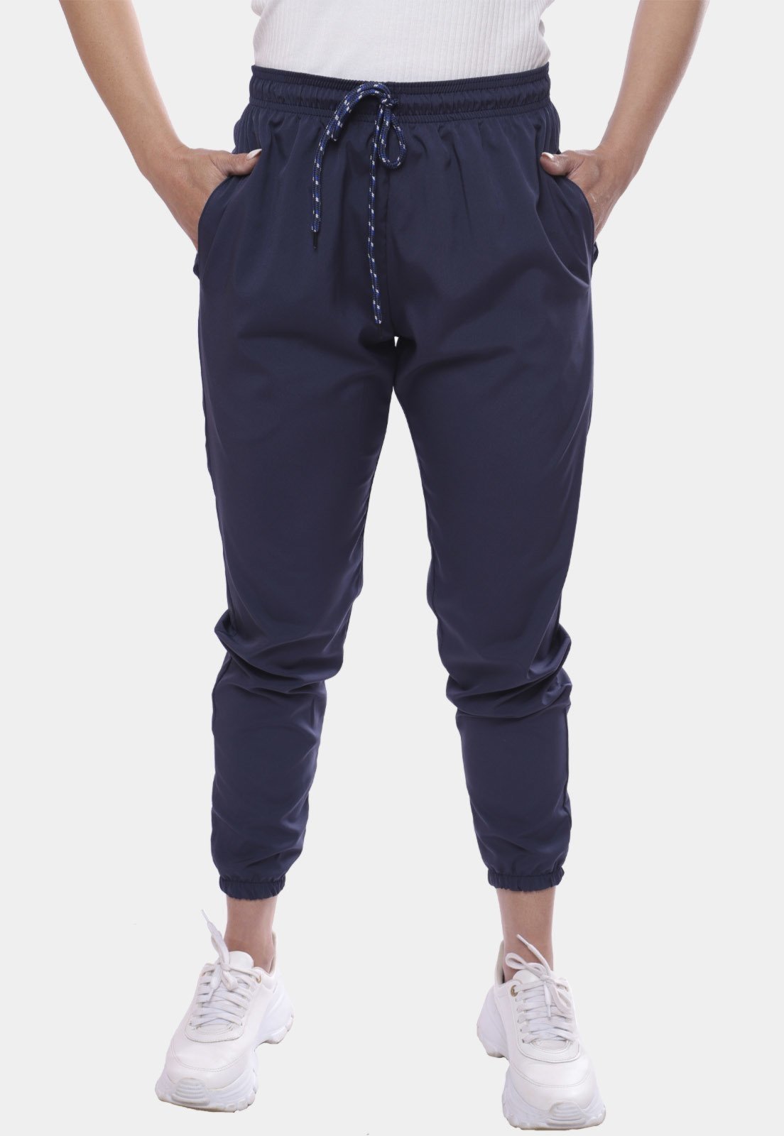 Calça Feminina Jogger Treino Academia Casual Esportiva Tactel Treino 3 Bolsos Lisa Azul Marinho