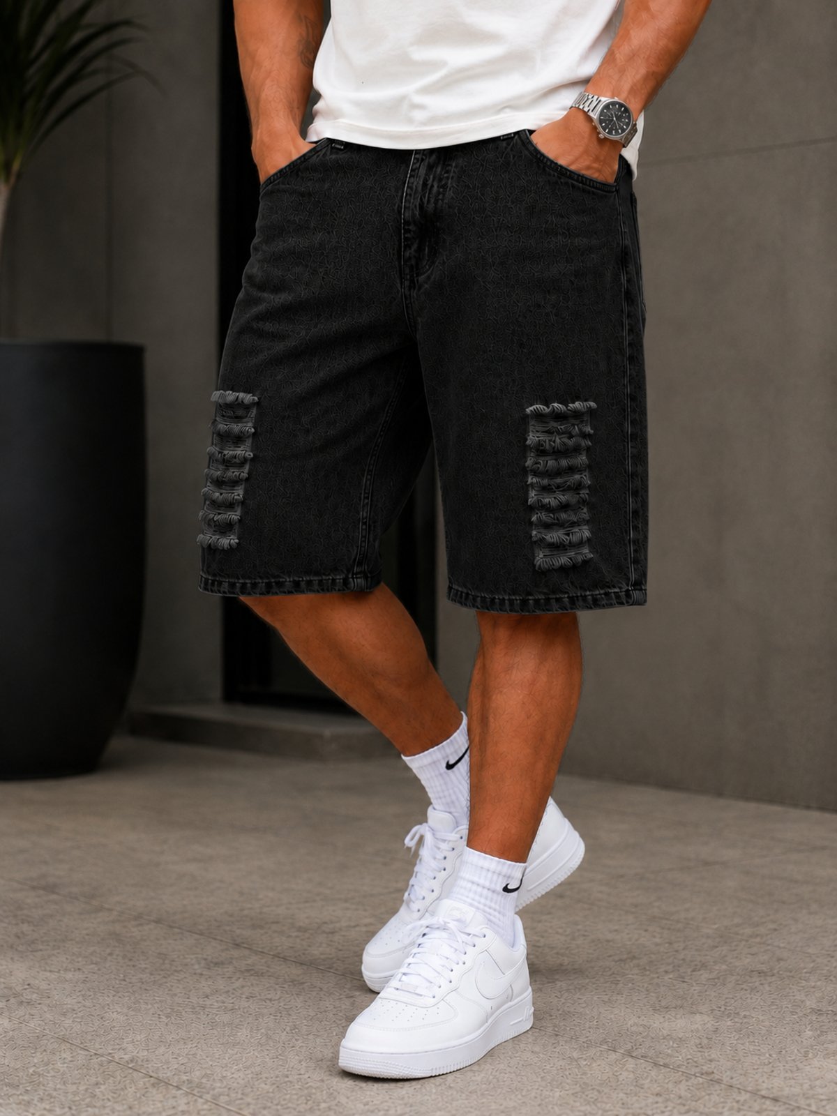 Bermuda Balão Jeans Destroyed Masculina Alpha Street Wear Casual Confortável Básica Preta