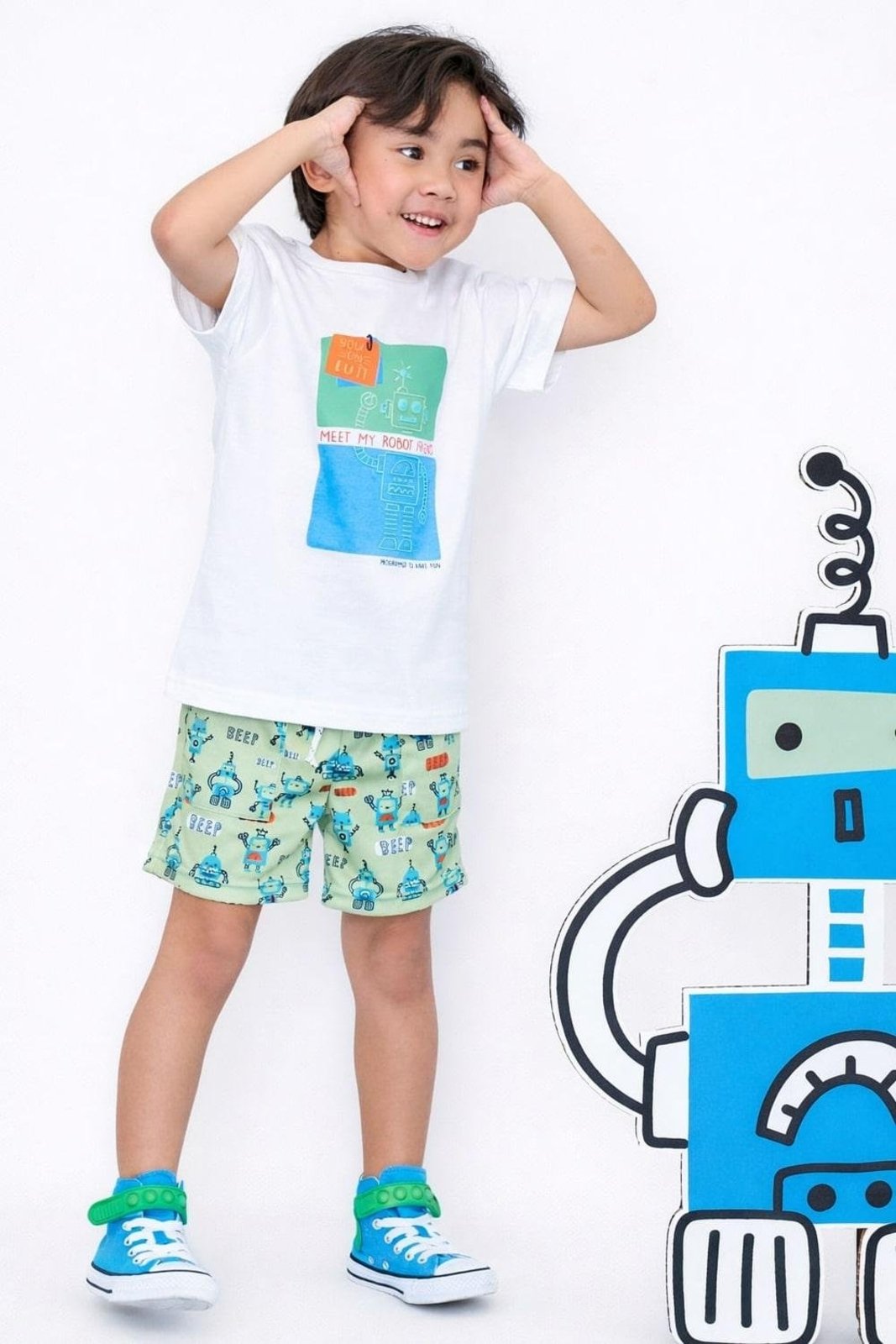 Infantil - Camiseta Menino Robóticos Alphabeto Off White Branco