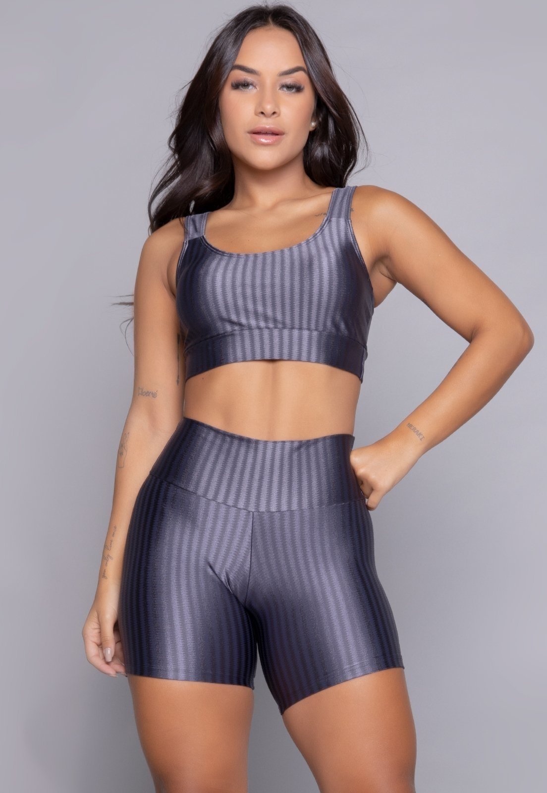 Conjunto Fitness Serra e Mar Modas Top Bojo Removível e Short New Zig 3D Cinza