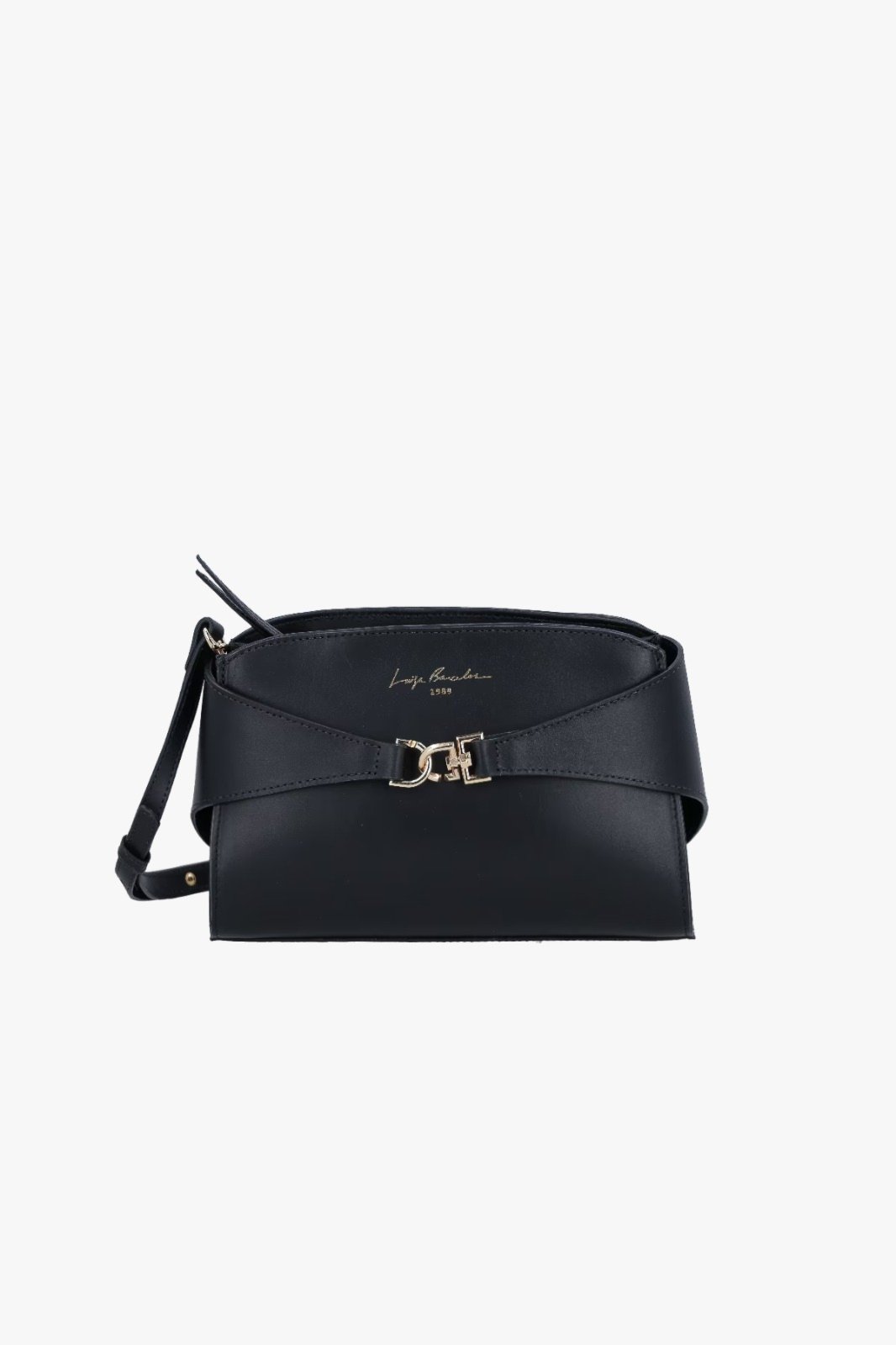 BOLSA PEQUENA EM COURO PRETO COM FERRAGEM EM GANCHO
