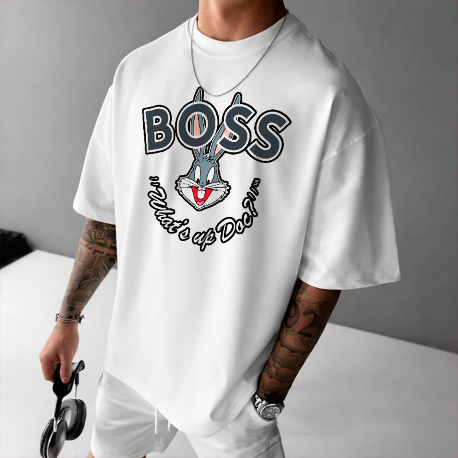 Camiseta Oversized Boss Pernalonga Funny Estilo Cartoon Geek Branco