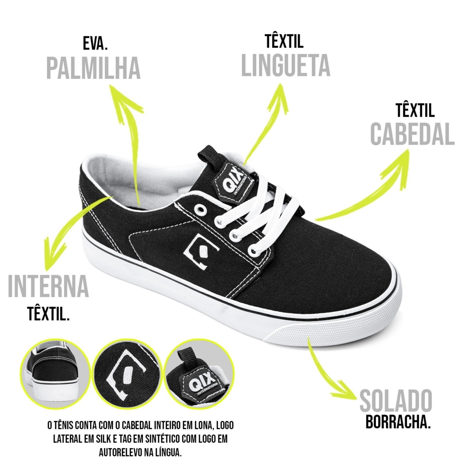 Vista 3 Tênis Qix Combat 3 Lona Vulcanizado Branco preto Qix preto