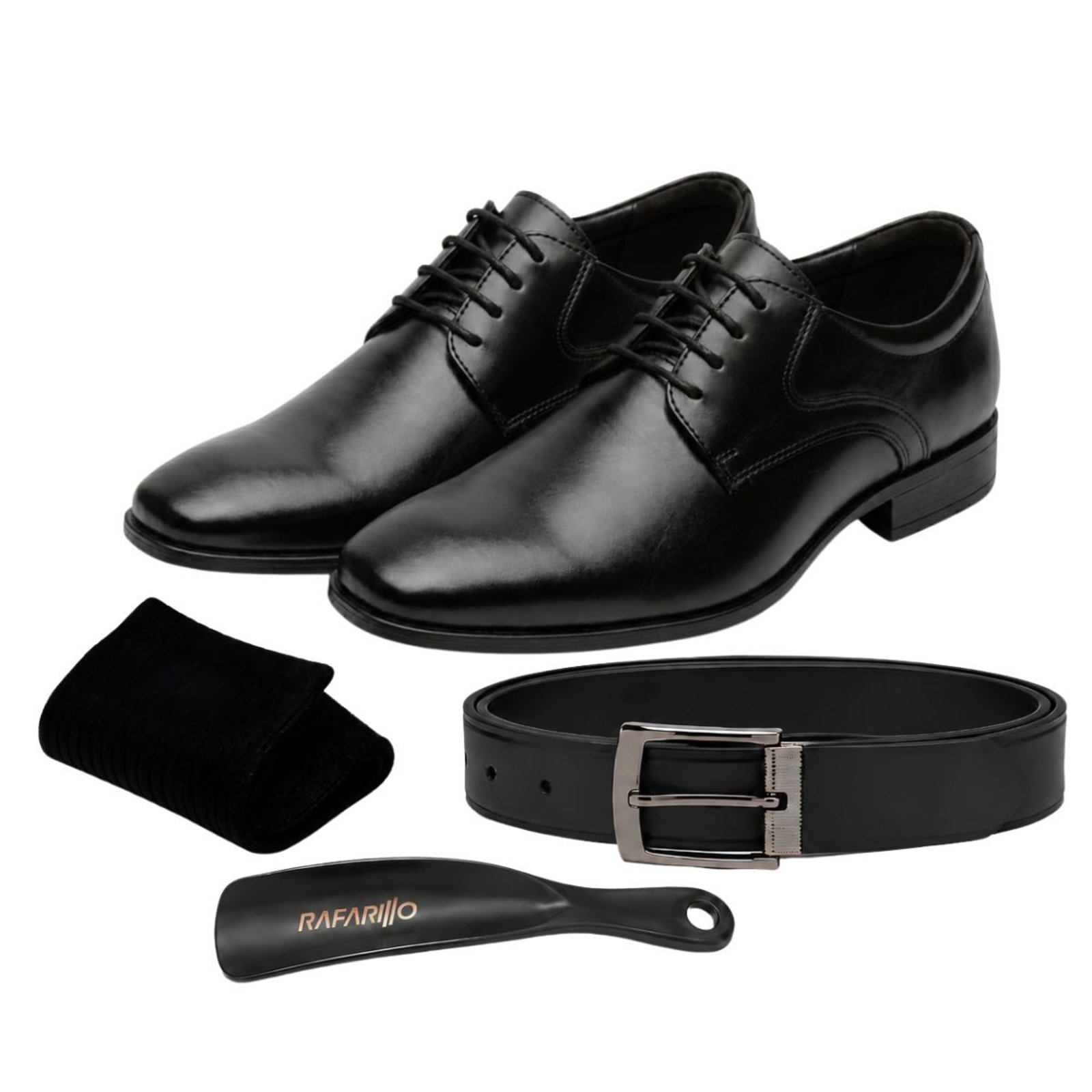 Kit Sapato Social Masculino Rafarillo em Couro com Cinto, Meia e Calçadeira Casual Elegante Confortável para Trabalho Eventos e Dia a Dia