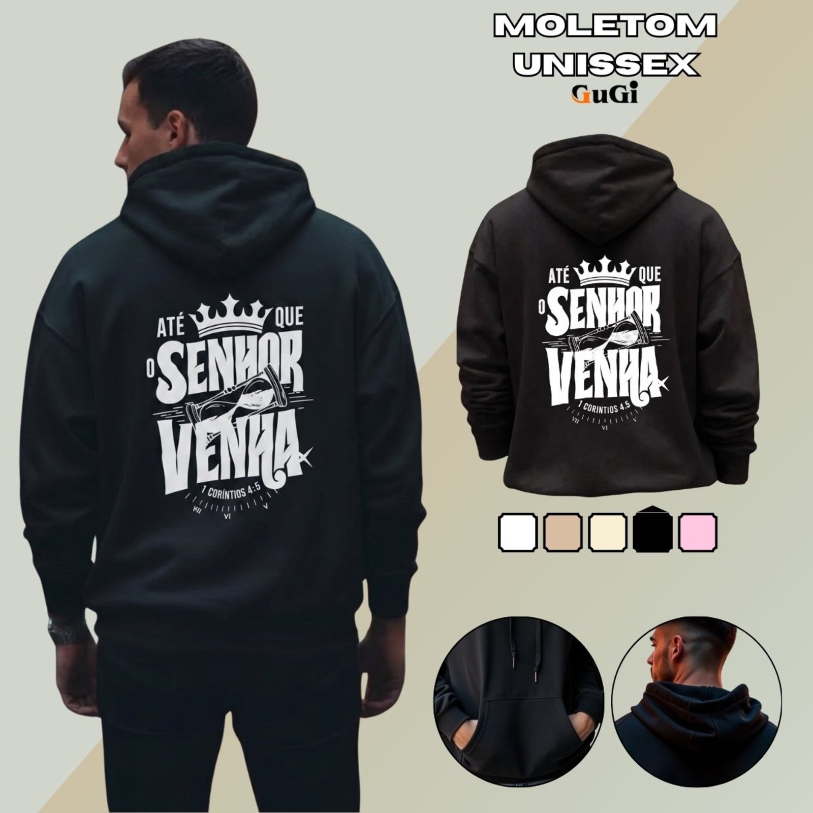 Moletom Canguru Unissex Com Capuz Mensagem Religiosa GuGi - Preto