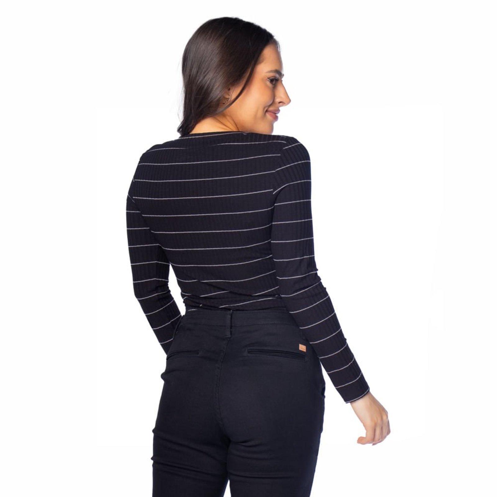 Vista 3 Blusa Feminina Habana Canelada com Listras preto Habana preto