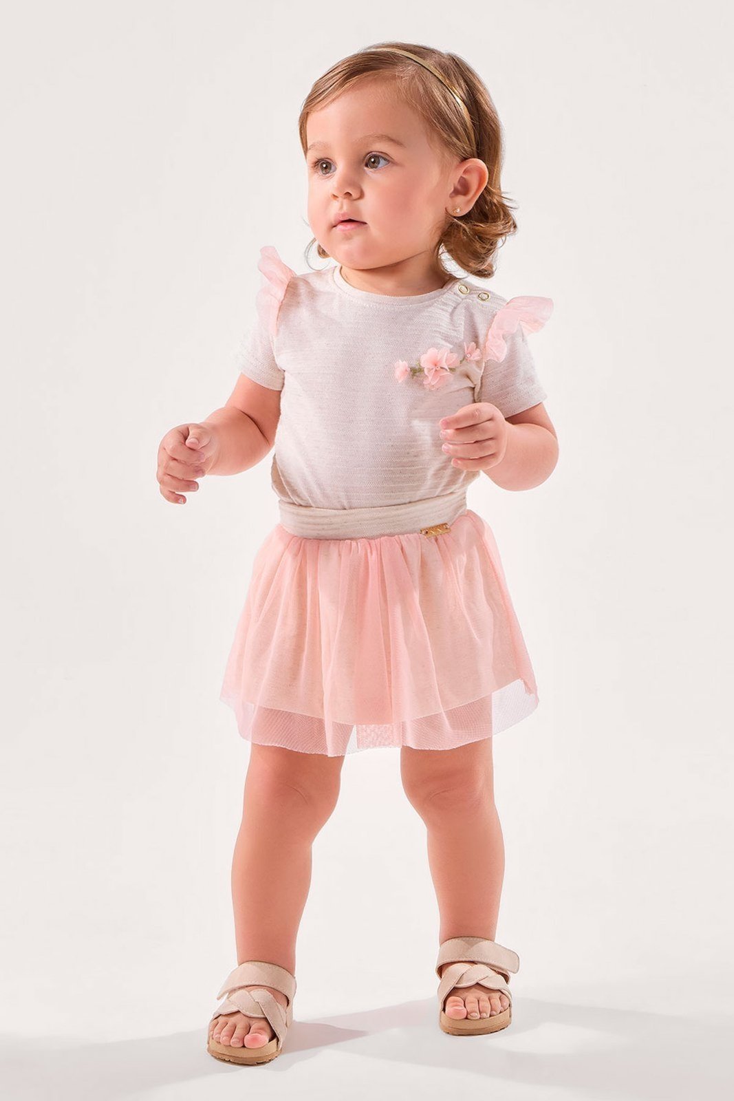 Infantil - Conjunto Body Off Texturizado com Saia Rosa em Tule